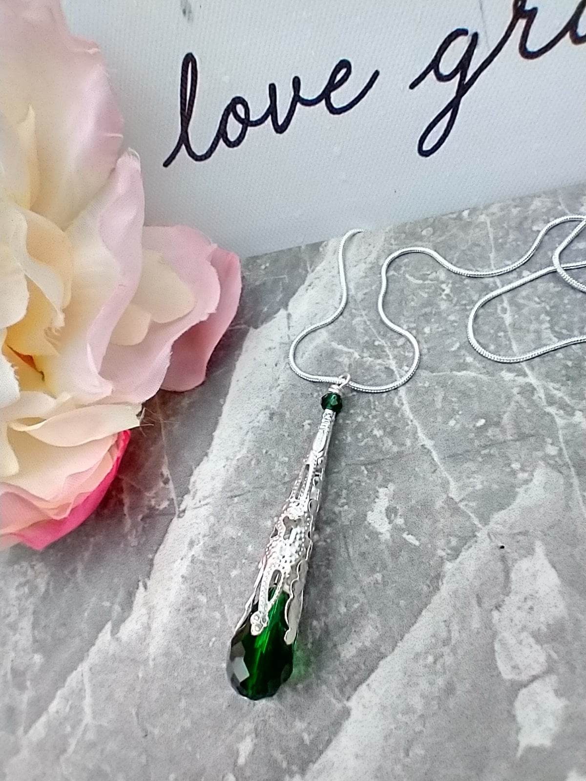 Crystal Teardrop Pendant Necklace: Silver Filigree, Colorful Jewelry
