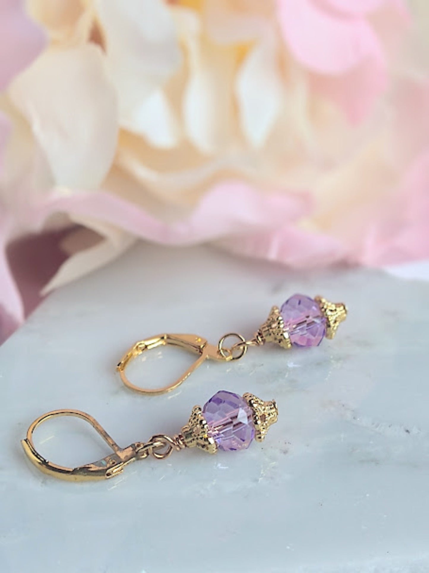 Dainty Lavender Glass Earrings: Gold Plated Purple Drop Earrings