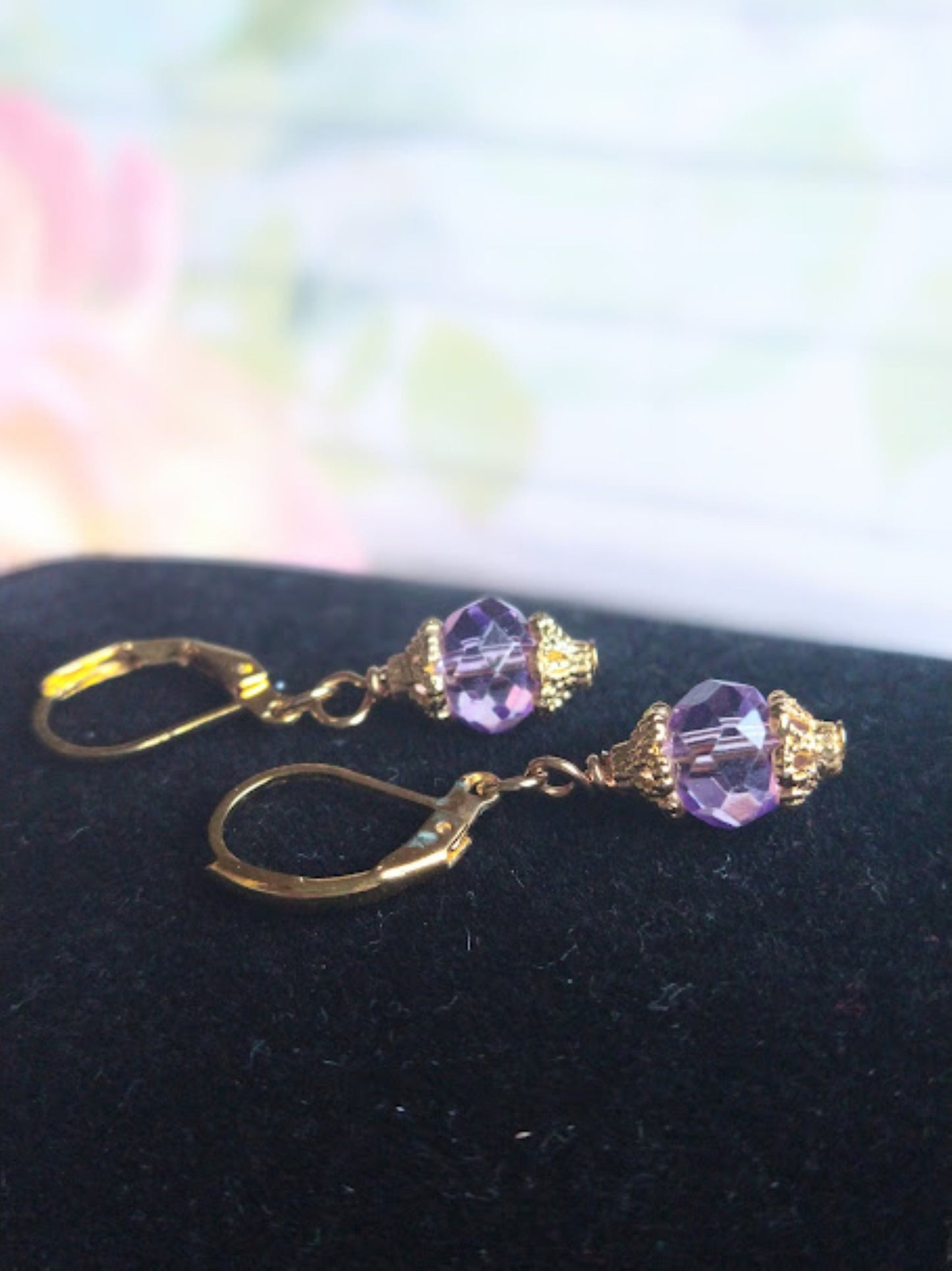 Dainty Lavender Glass Earrings: Gold Plated Purple Drop Earrings