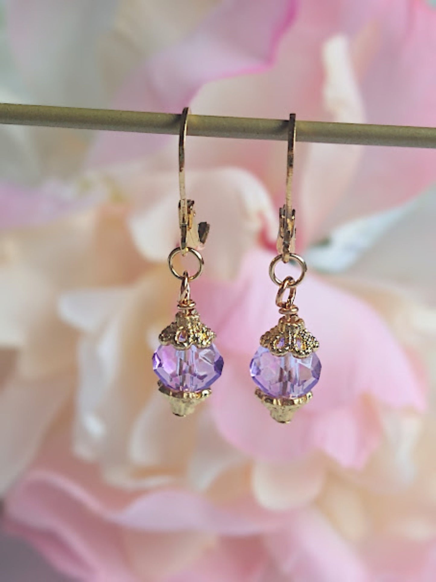 Dainty Purple Earrings Gold Dangle Earrings Minimalist Drop Earrings Purple Sparkling Dangles 24kt. Gold Earrings Gift For Her
