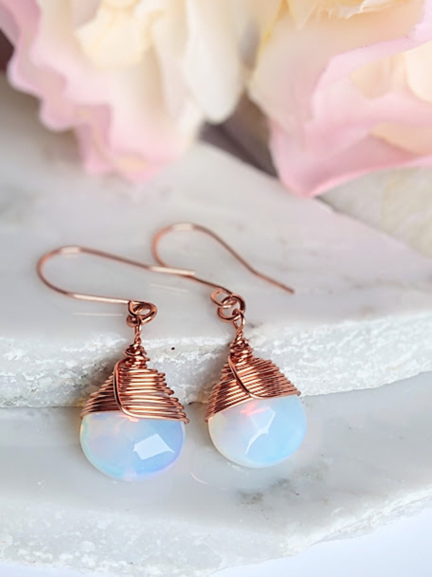 Teardrop Opalite Earrings: Bright Copper Wire Wrapped Dangle
