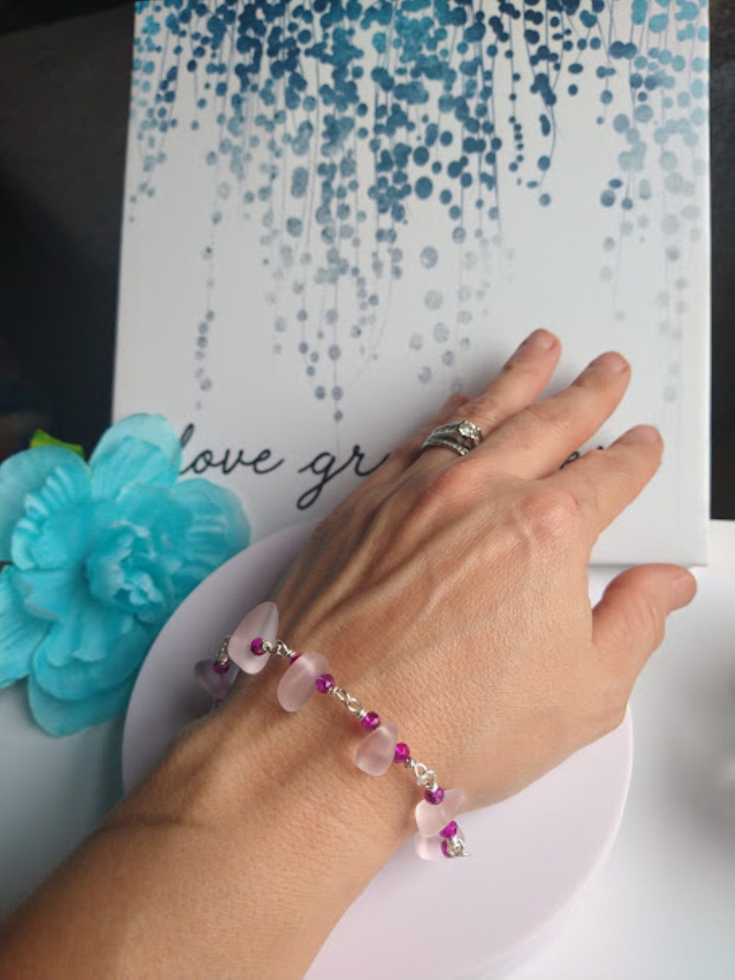 Pink Sea Glass Bracelet: Adjustable Silver Chain, Beach Jewelry