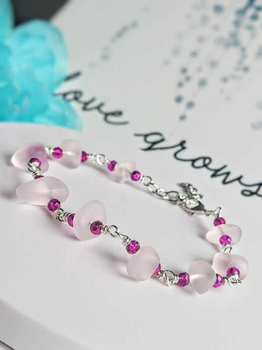 Pink Sea Glass Bracelet: Adjustable Silver Chain, Beach Jewelry