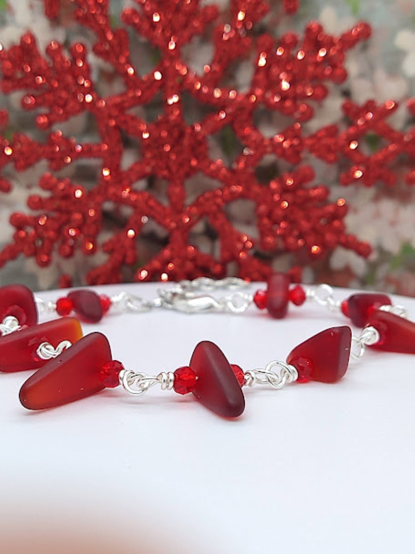 Red Sea Glass Beach Chain Link Bracelet Gift For Her Strand Bracelet Stretch Bracelet Christmas Gift Stocking Stuffer