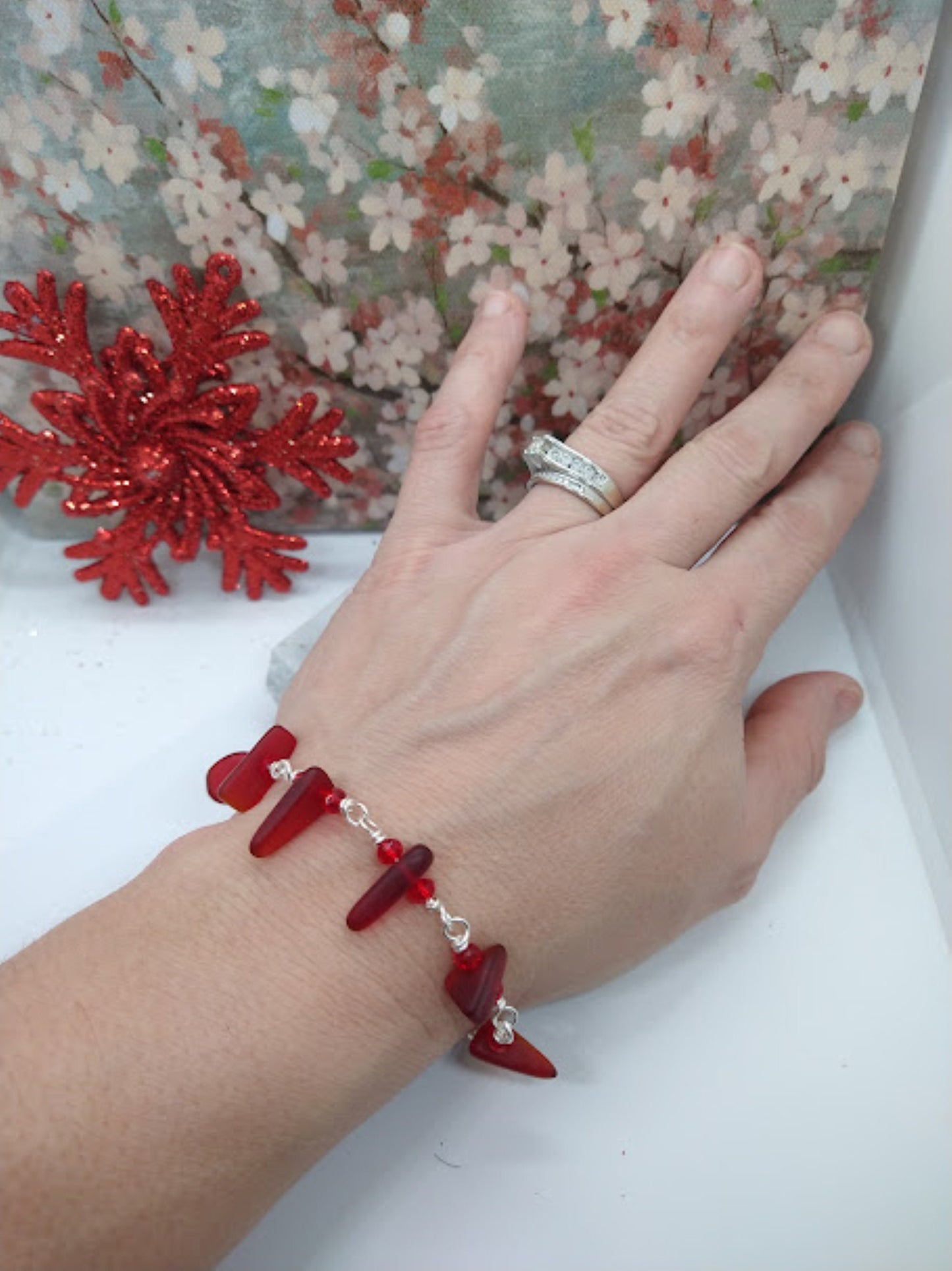 Red Sea Glass Beach Chain Link Bracelet Gift For Her Strand Bracelet Stretch Bracelet Christmas Gift Stocking Stuffer