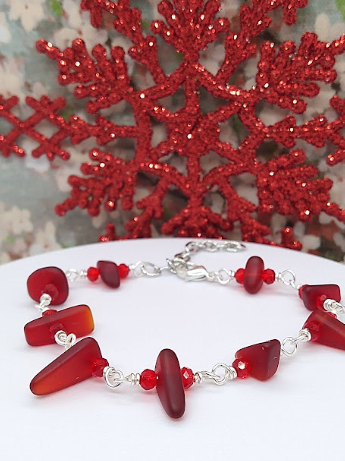 Red Sea Glass Chain Link Bracelet: Handmade Silver Cable Bracelet