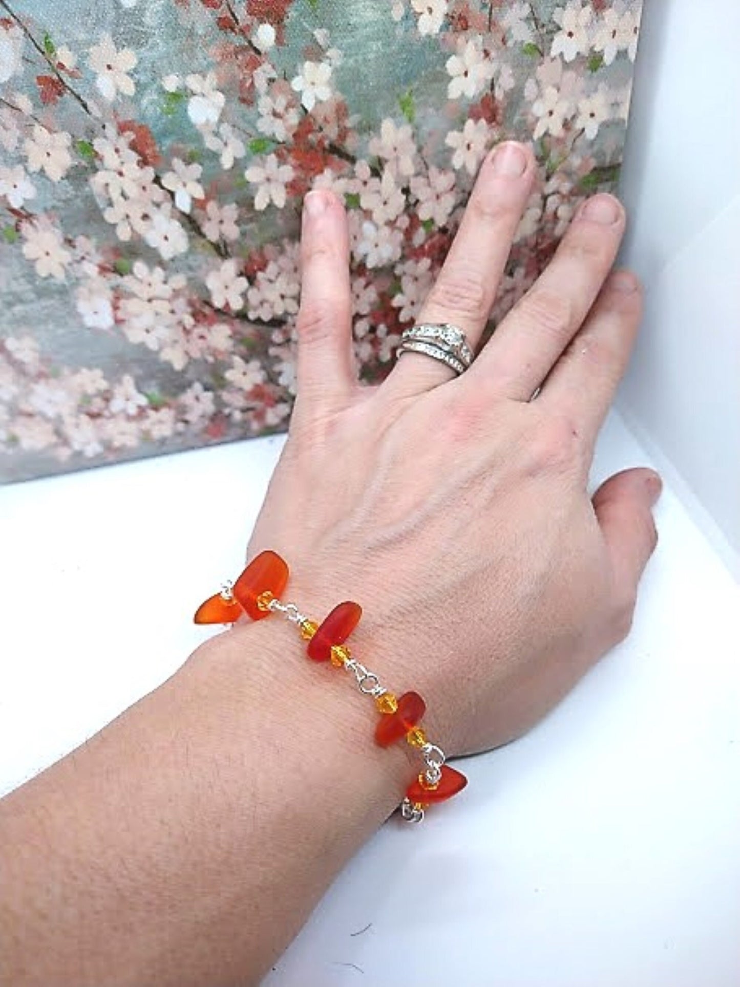 Orange Sea Glass Bracelet: Silver Chain Link, Beach Jewelry