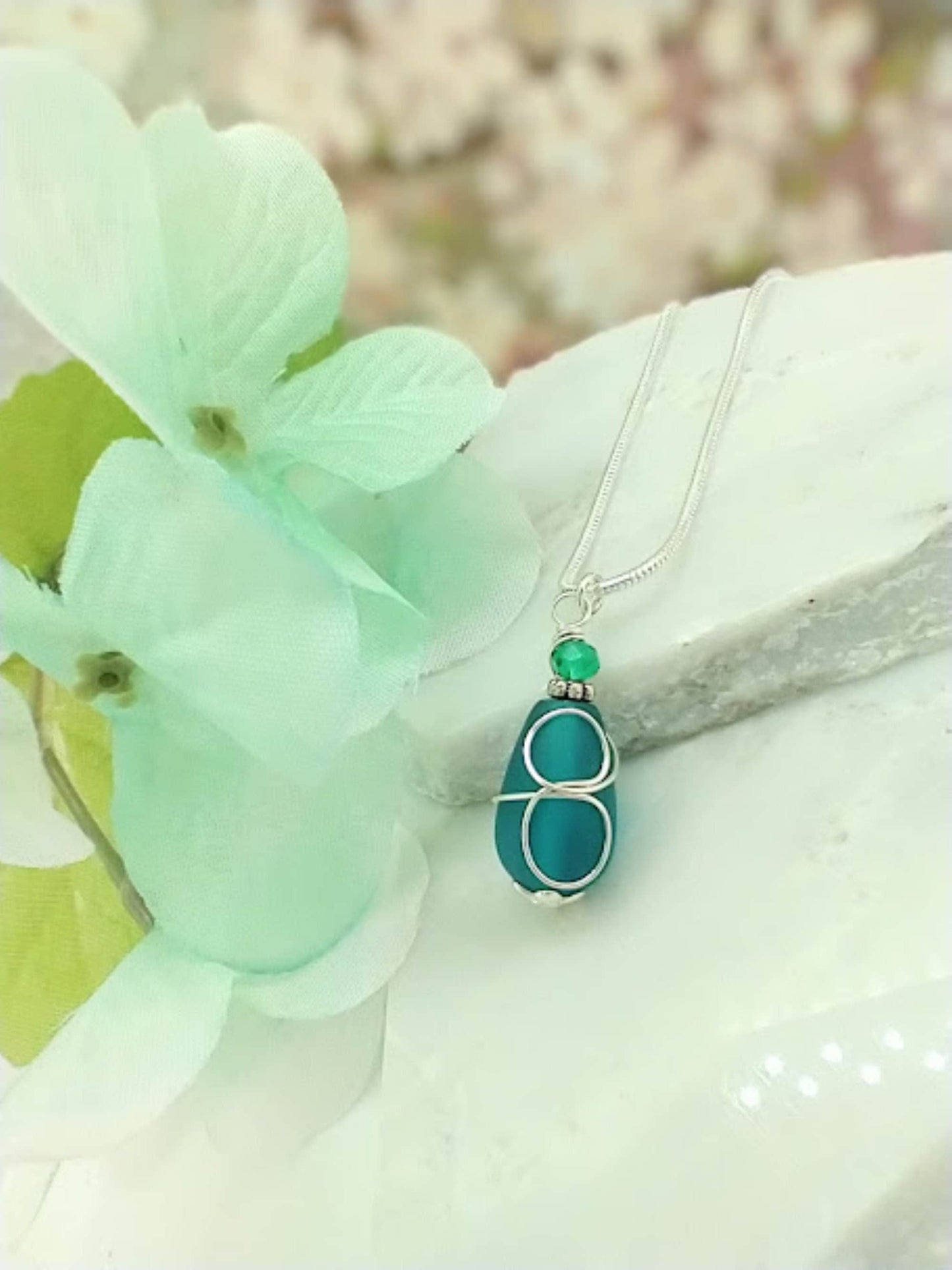 Teal Blue Sea Glass Necklace Minimalist Teardrop Necklace Handmade Pendant Gift For Her Christmas Gift