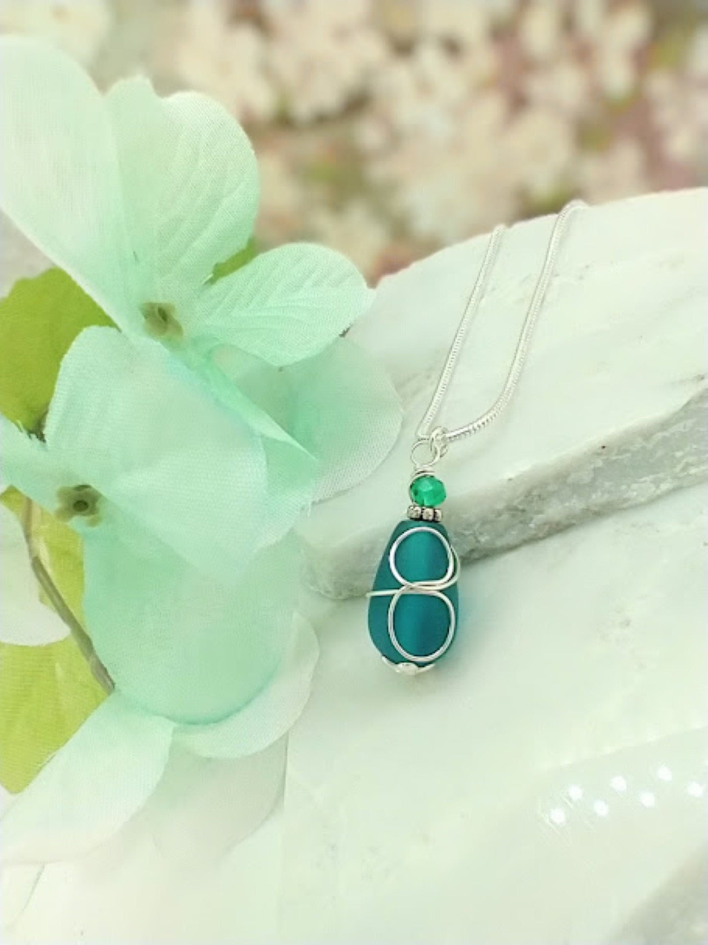 Teal Blue Sea Glass Necklace Minimalist Teardrop Necklace Handmade Pendant Gift For Her Bridal Jewelry Birthday Gift Snake Chain