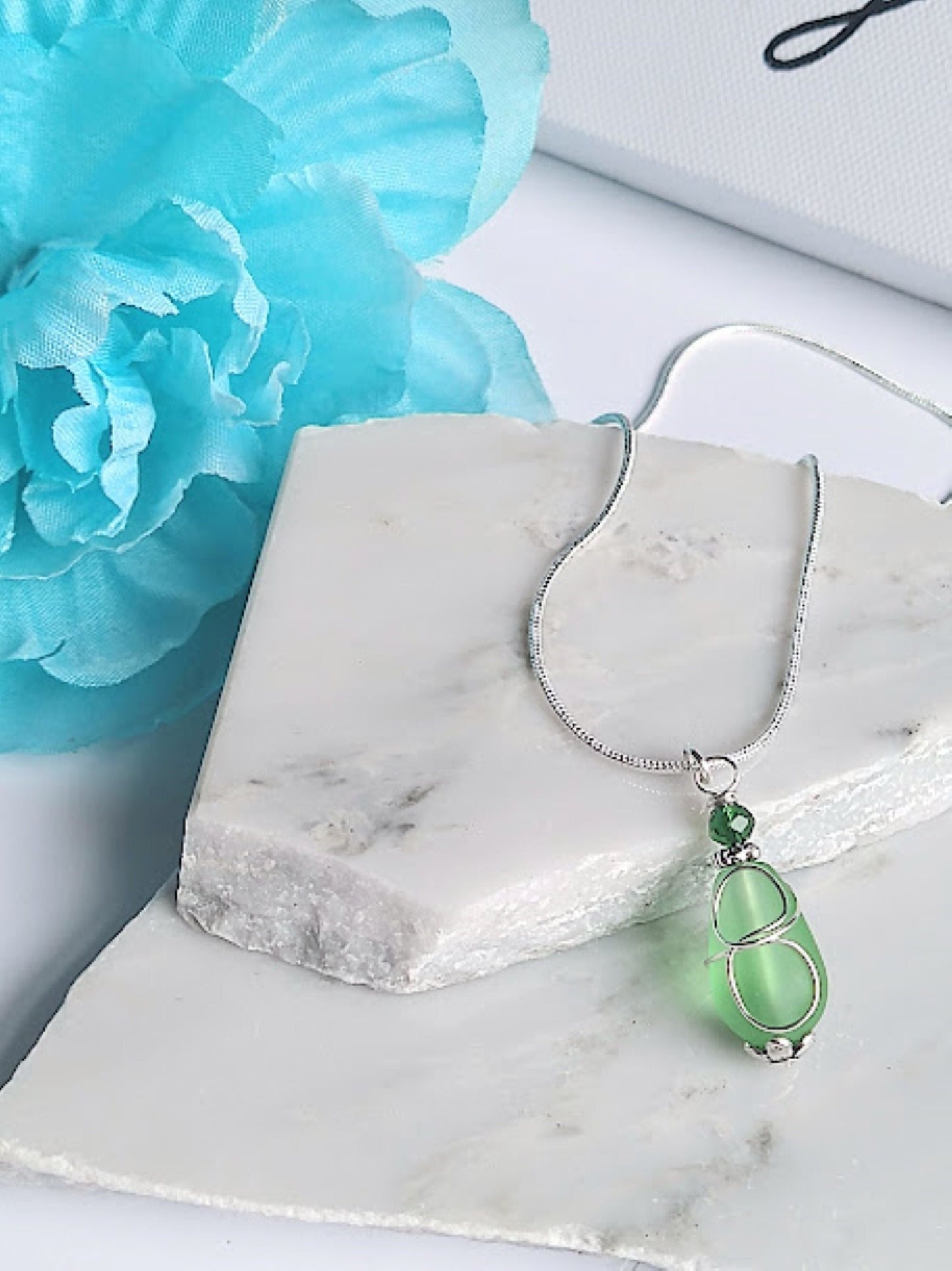 Green Dainty Necklace Silver Snake Chain Necklace Bridal Jewelry Gift For Ocean Lover Beach Wedding Teardrop Pendant Necklace Birthstone
