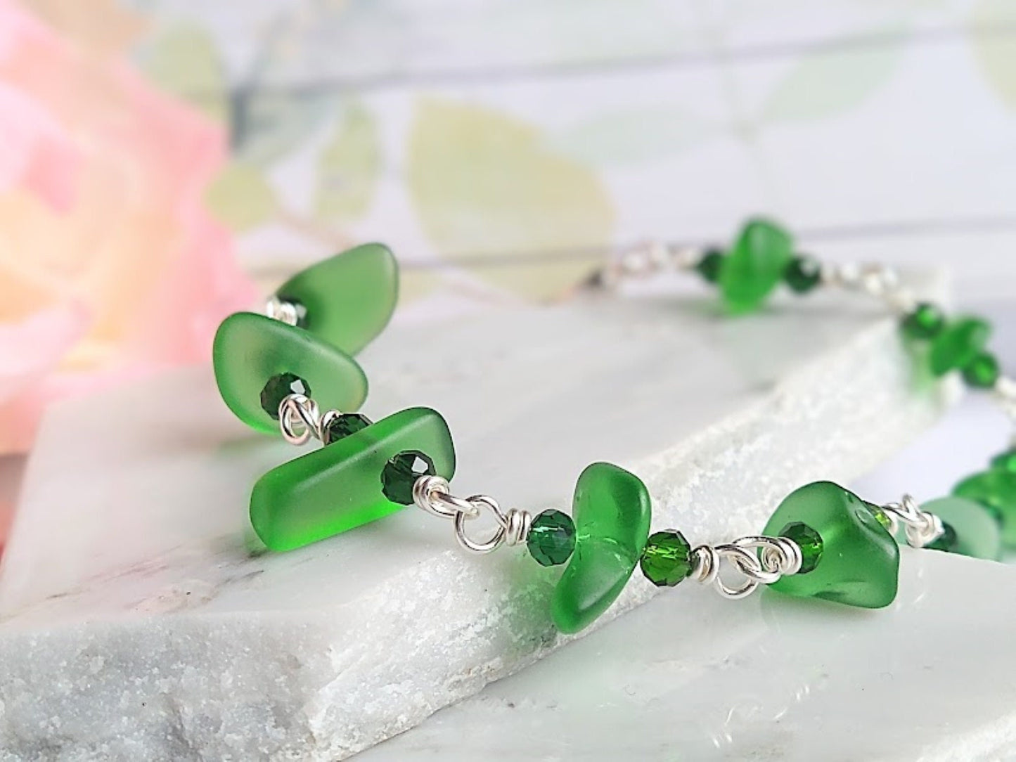Green Sea Glass Bracelet: Silver Chain Link, Beach Wedding Jewelry