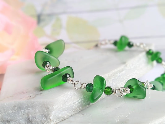 Green Sea Glass Bracelet: Silver Chain Link, Beach Wedding Jewelry