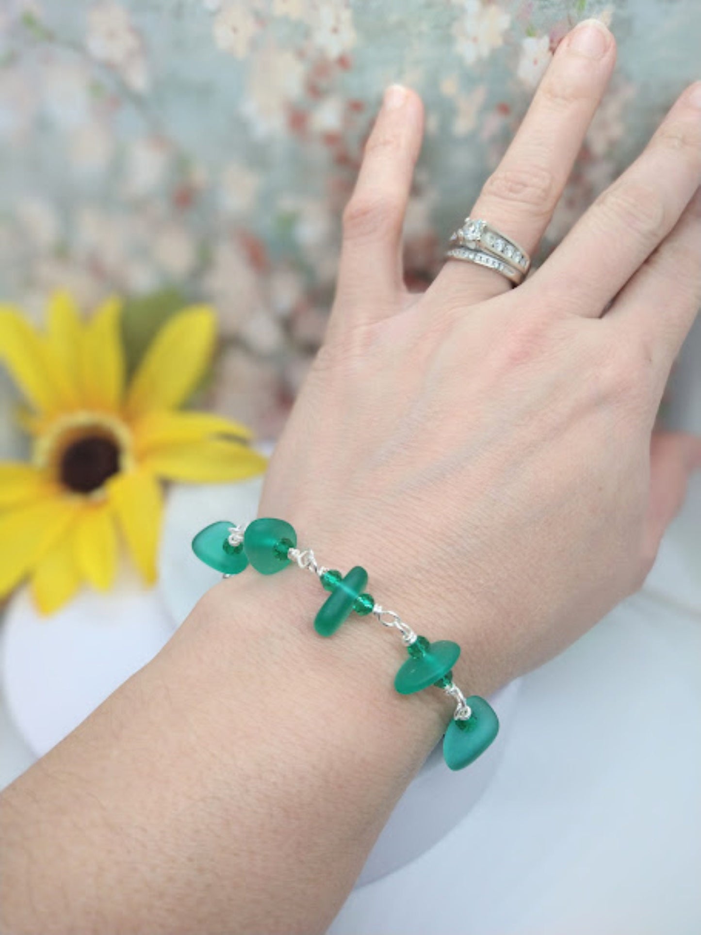 Teal Sea Glass Bracelet: Silver Chain Link, Handmade Jewelry
