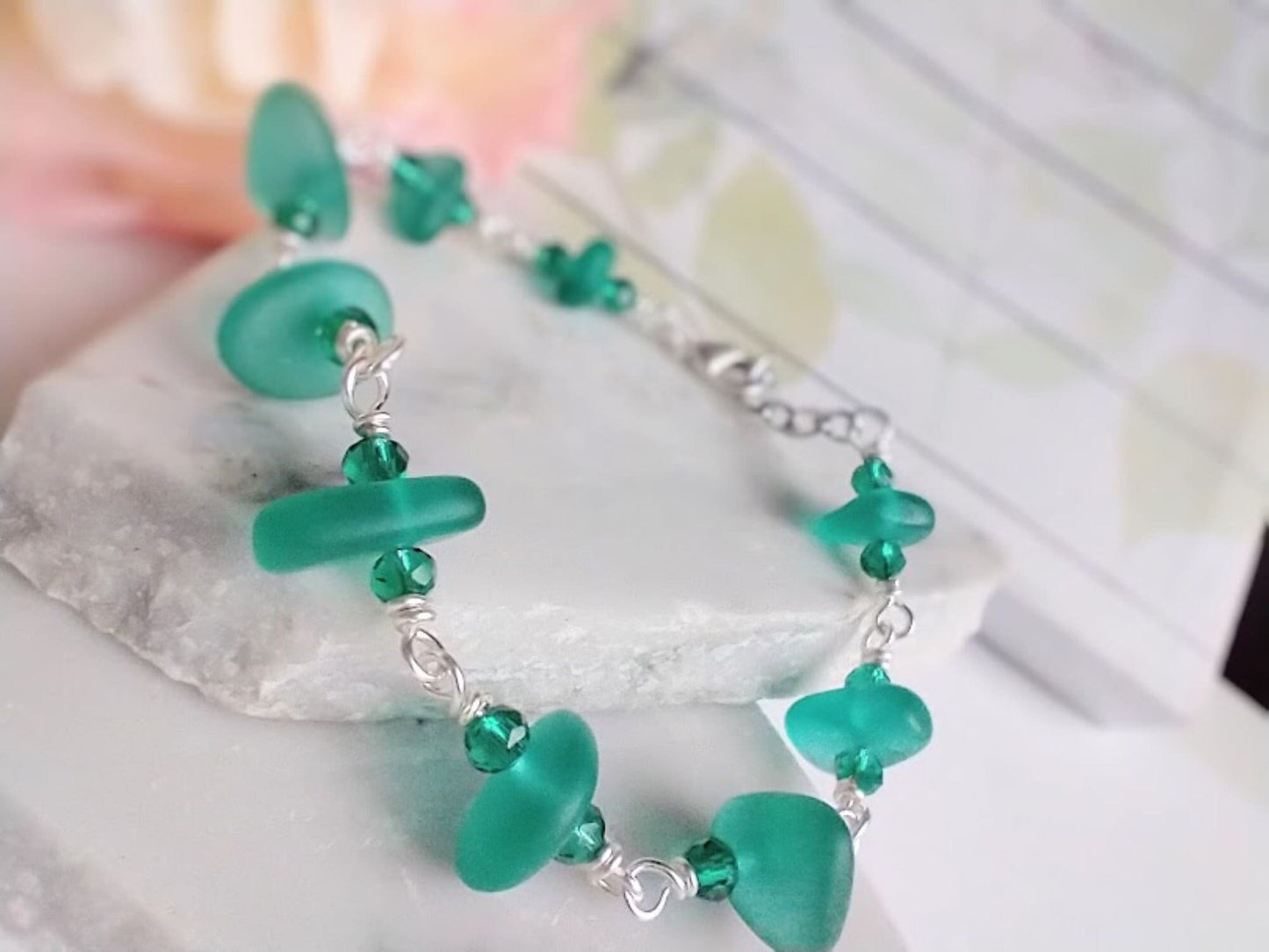 Teal Sea Glass Bracelet: Silver Chain Link, Handmade Jewelry