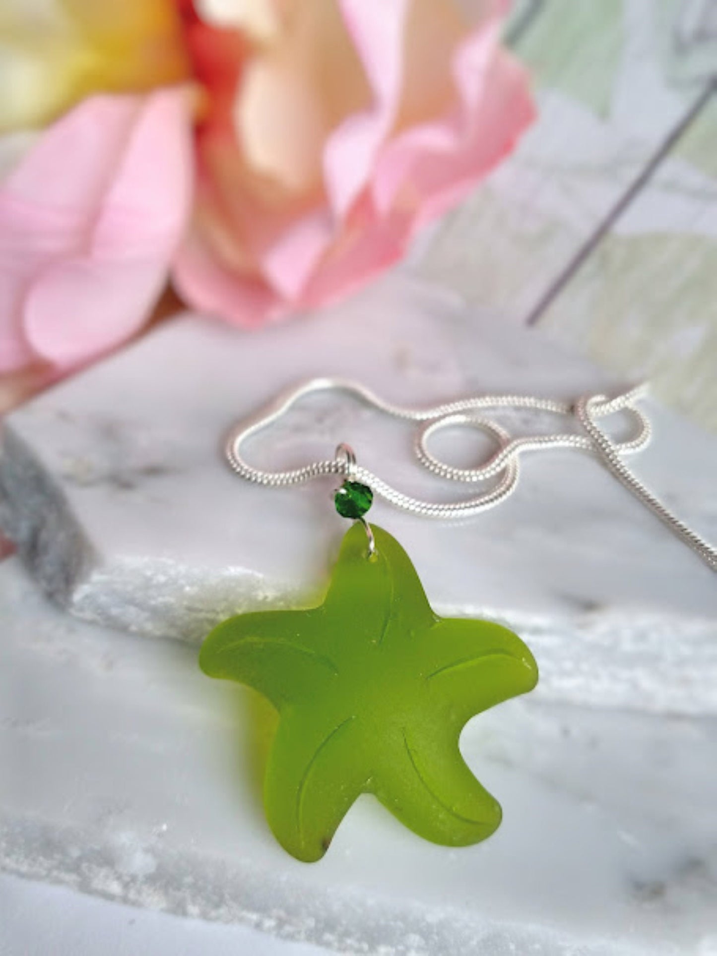 Ladies Dainty Necklace Sterling Silver Snake Chain Seaglass Jewelry Ocean Charm Starfish Pendant Minimalist Gift For Her Beach Inspired