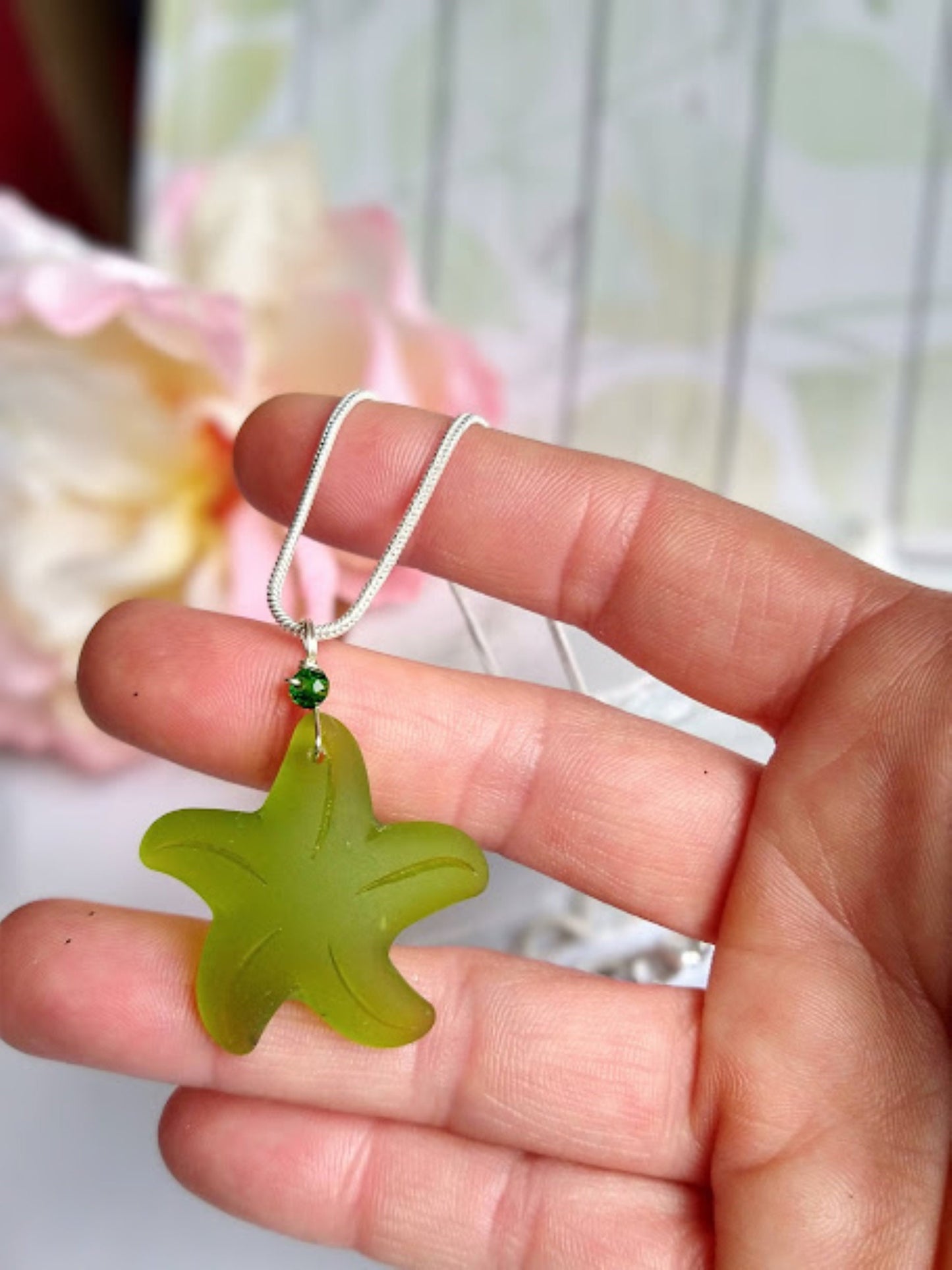 Ladies Dainty Necklace Sterling Silver Snake Chain Seaglass Jewelry Ocean Charm Starfish Pendant Minimalist Gift For Her Beach Inspired