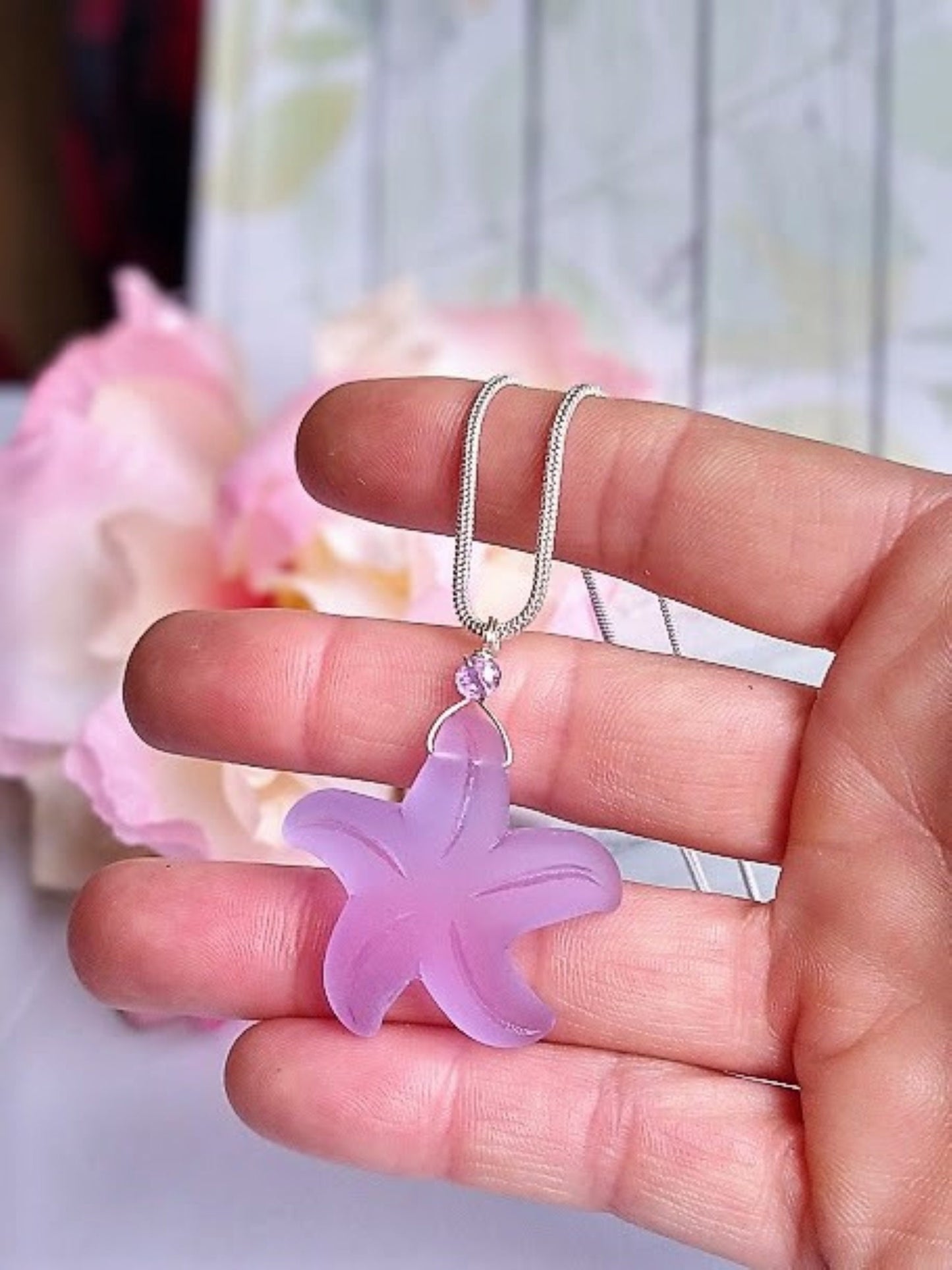 Sterling Silver Necklace Seaglass Pendant Snake Chain Necklace Starfish Pendant Gift For Her Minimalist Jewelry For Beach Lover