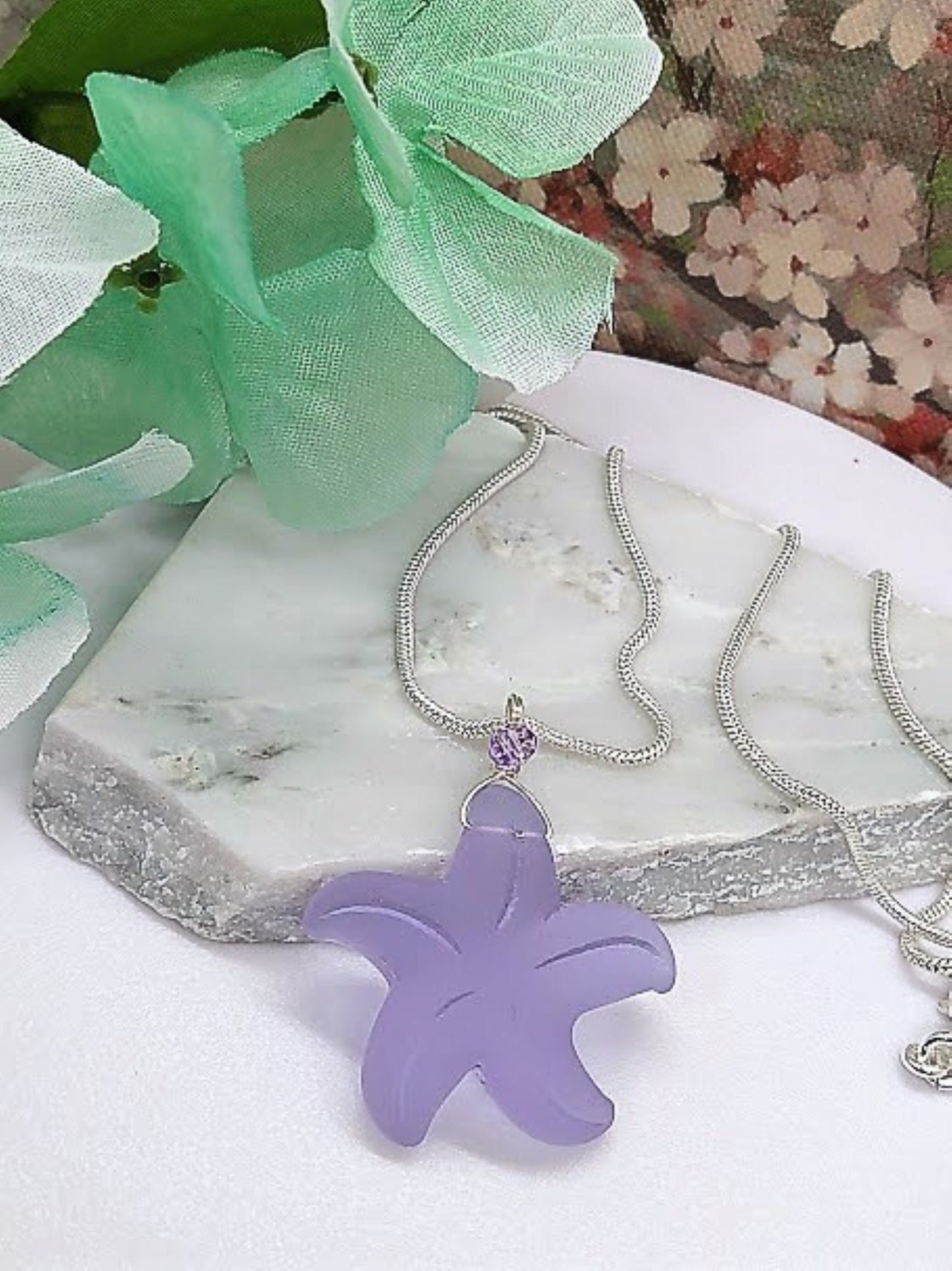 Sterling Silver Necklace Seaglass Pendant Snake Chain Necklace Starfish Pendant Gift For Her Minimalist Jewelry For Beach Lover