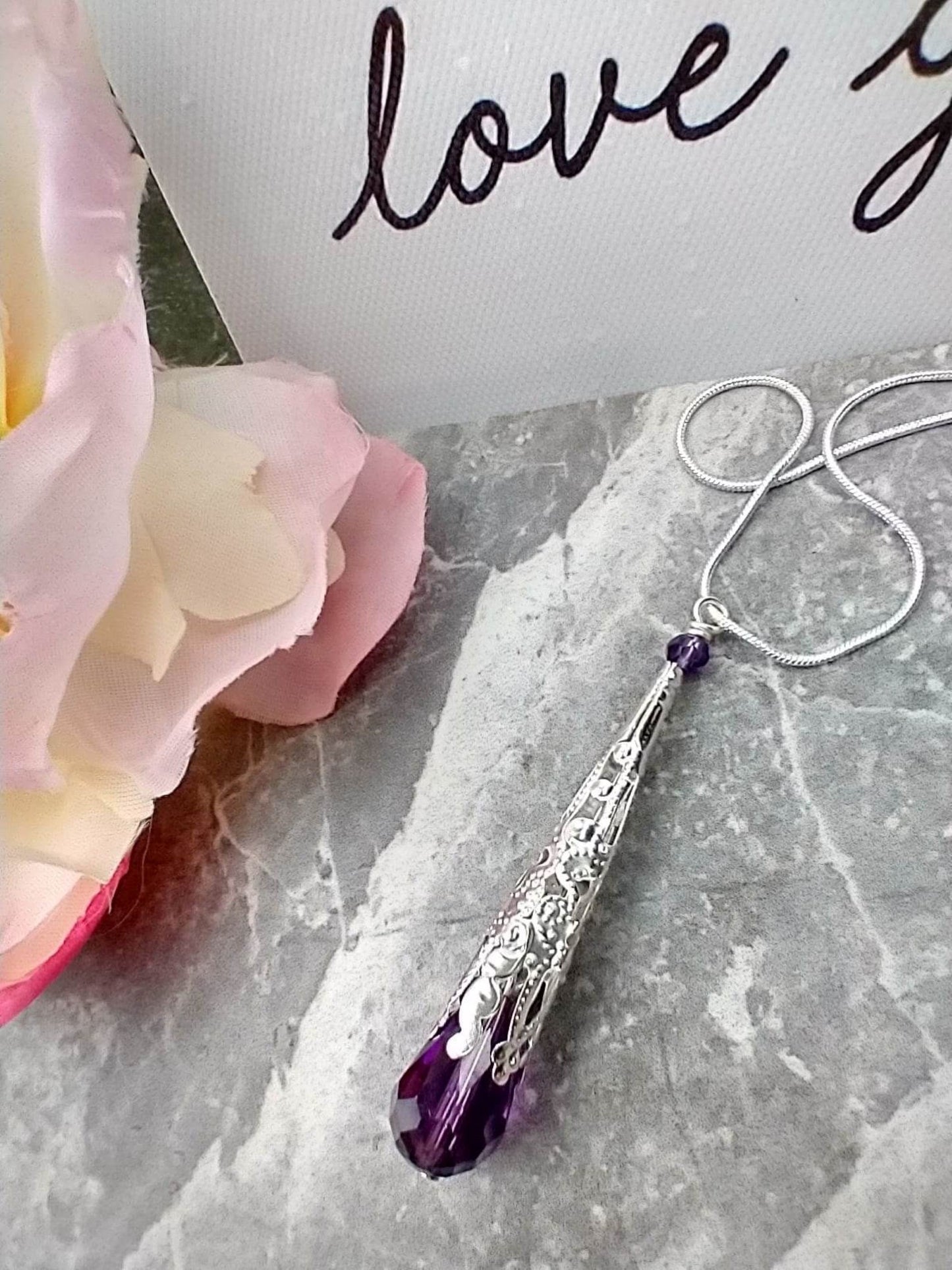 Crystal Teardrop Pendant Necklace: Silver Filigree, Colorful Jewelry