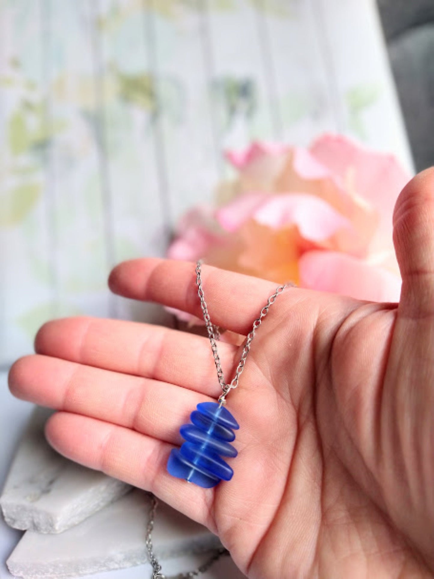 Cobalt Blue Sea Glass Pendant Necklace: Stainless Steel Beach Jewelry