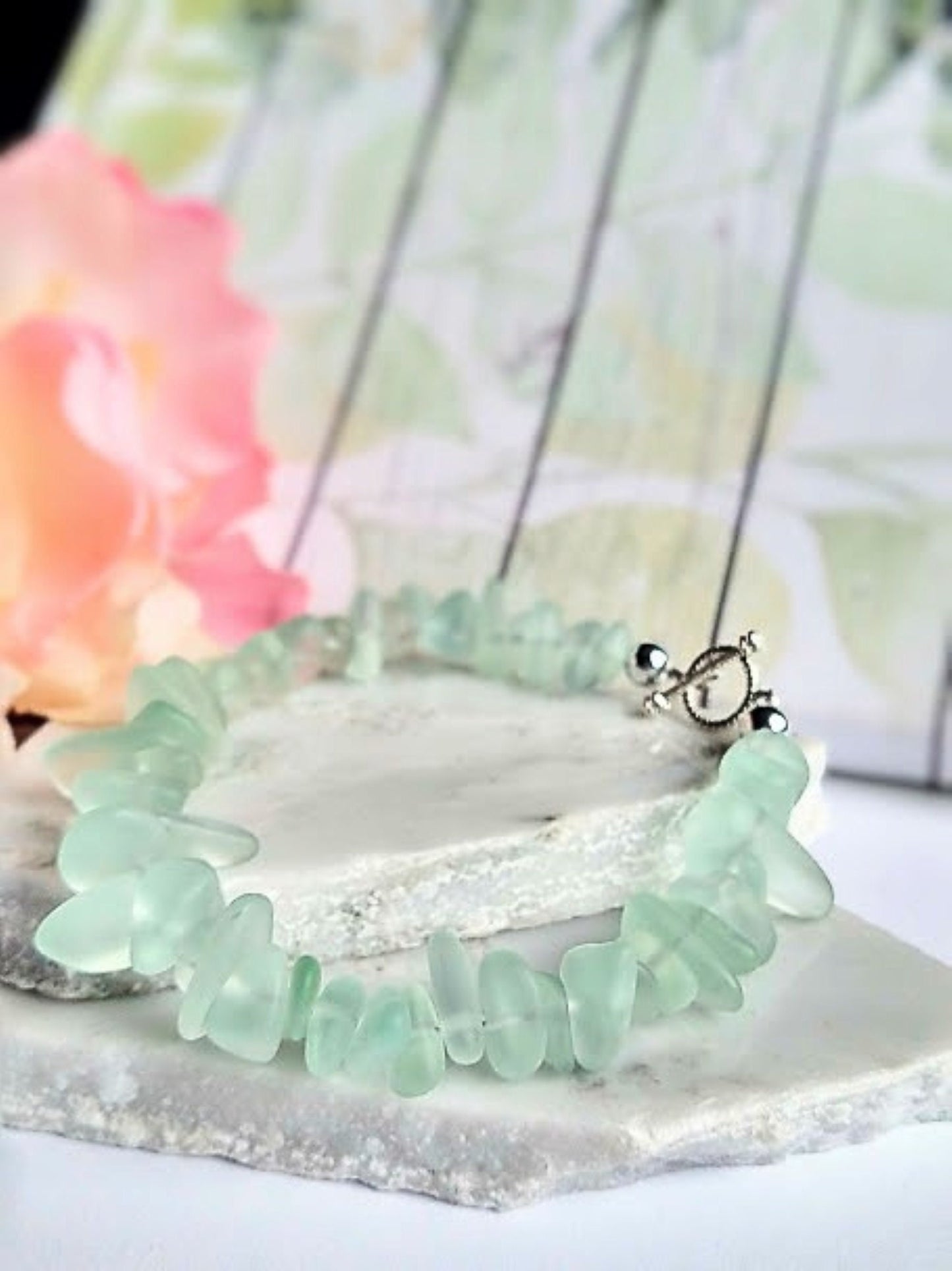 Aqua Sea Glass Bracelet: Sterling Silver Toggle Clasp, Beach Wedding Jewelry