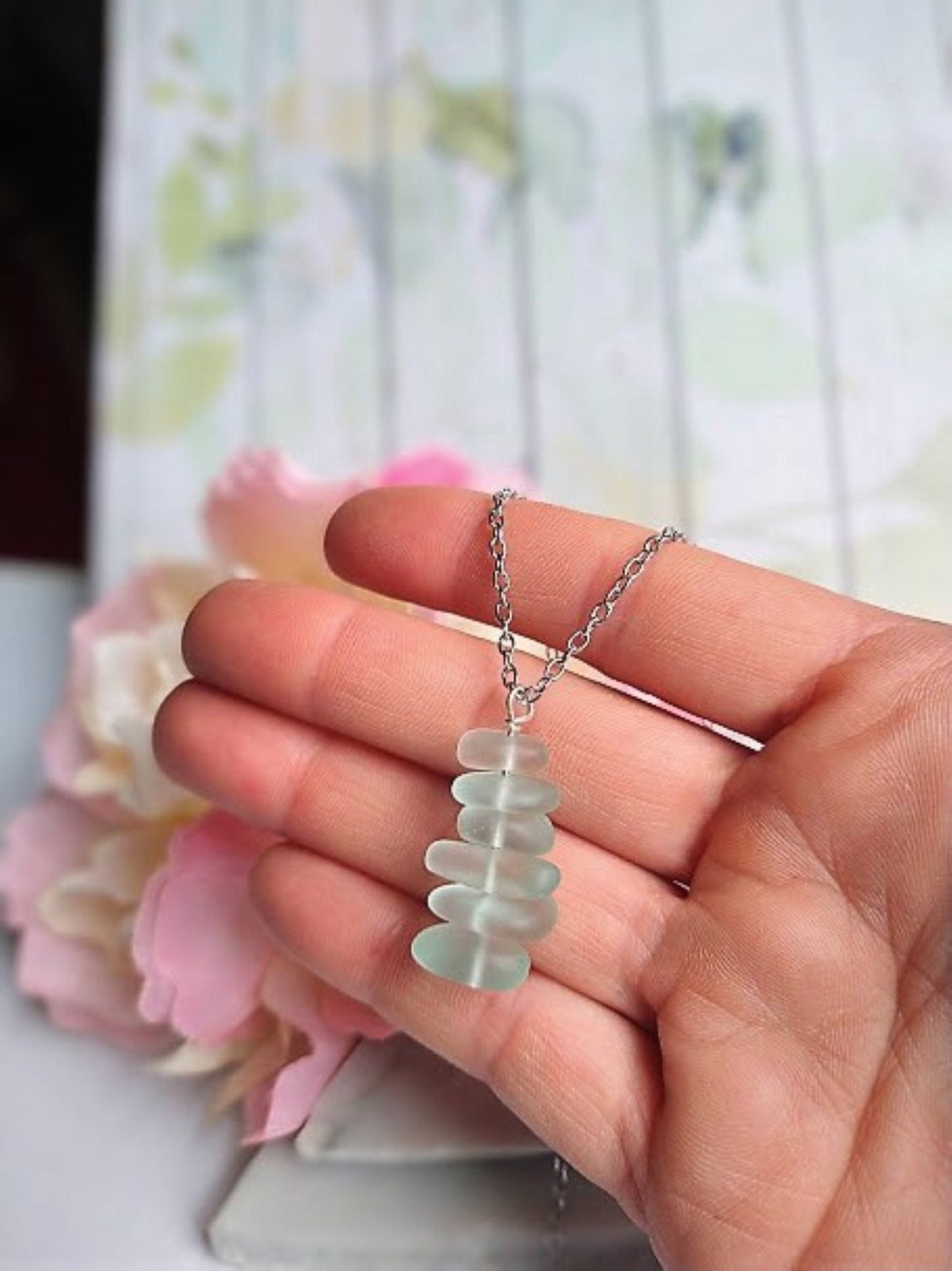 Aqua Blue Stacked Sea Glass Beach Pendant Necklace Ocean Lover's Gift Beach Jewelry Sterling Silver Necklace Gift For Her Bad Apple Designs