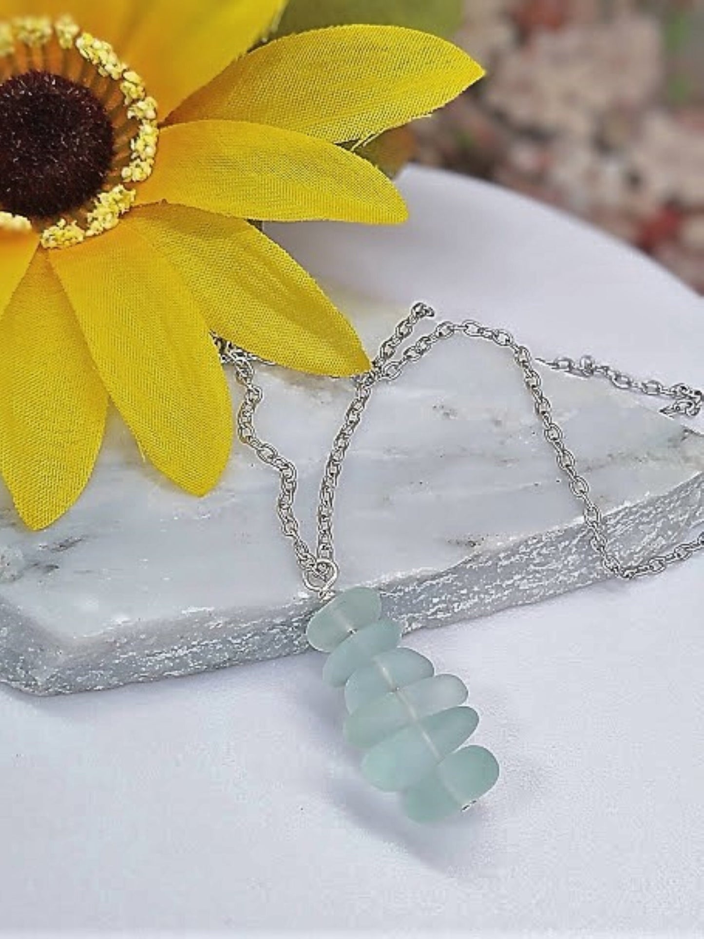 Aqua Sea Glass Pendant Necklace: Stacked Pebble, Sterling Silver