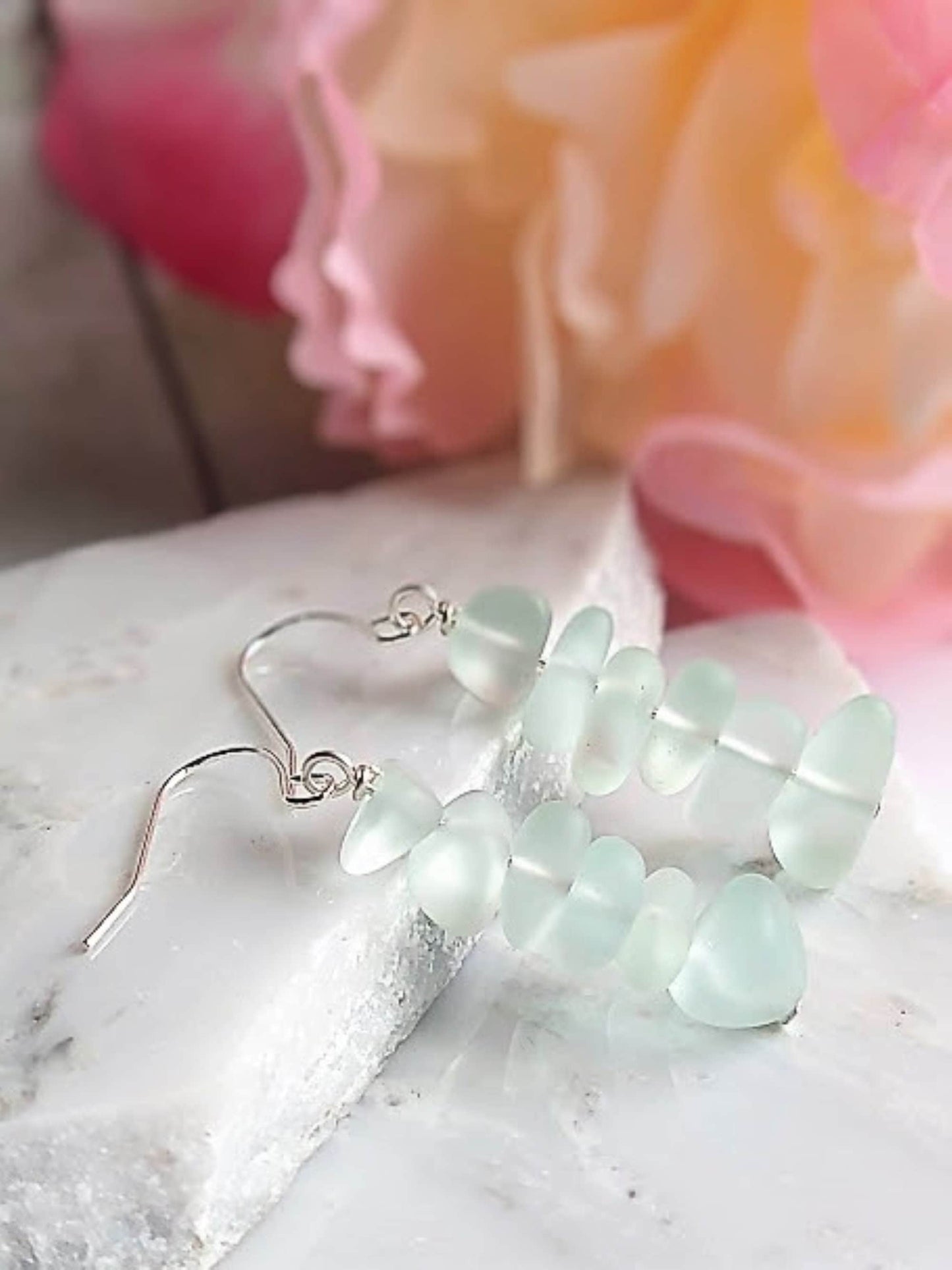 Aqua Blue Earrings Pebble Stacked Sea Glass Silver Ladies Dangle Earrings Seaglass Beach Jewelry Gift For Beach Lover's Dangle Earrings