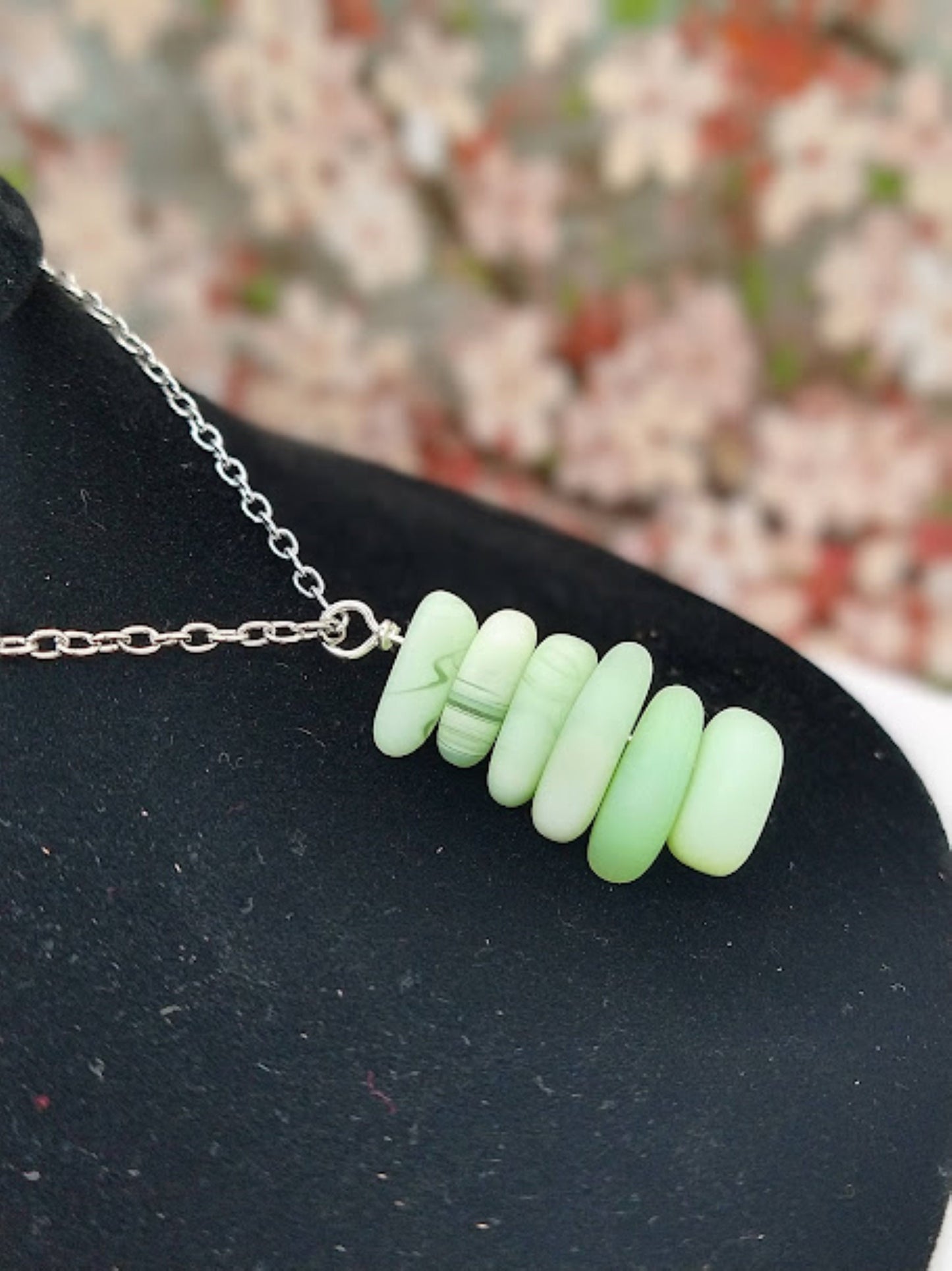 Mint Green Sea Glass Pendant Necklace, Stainless Steel Chain