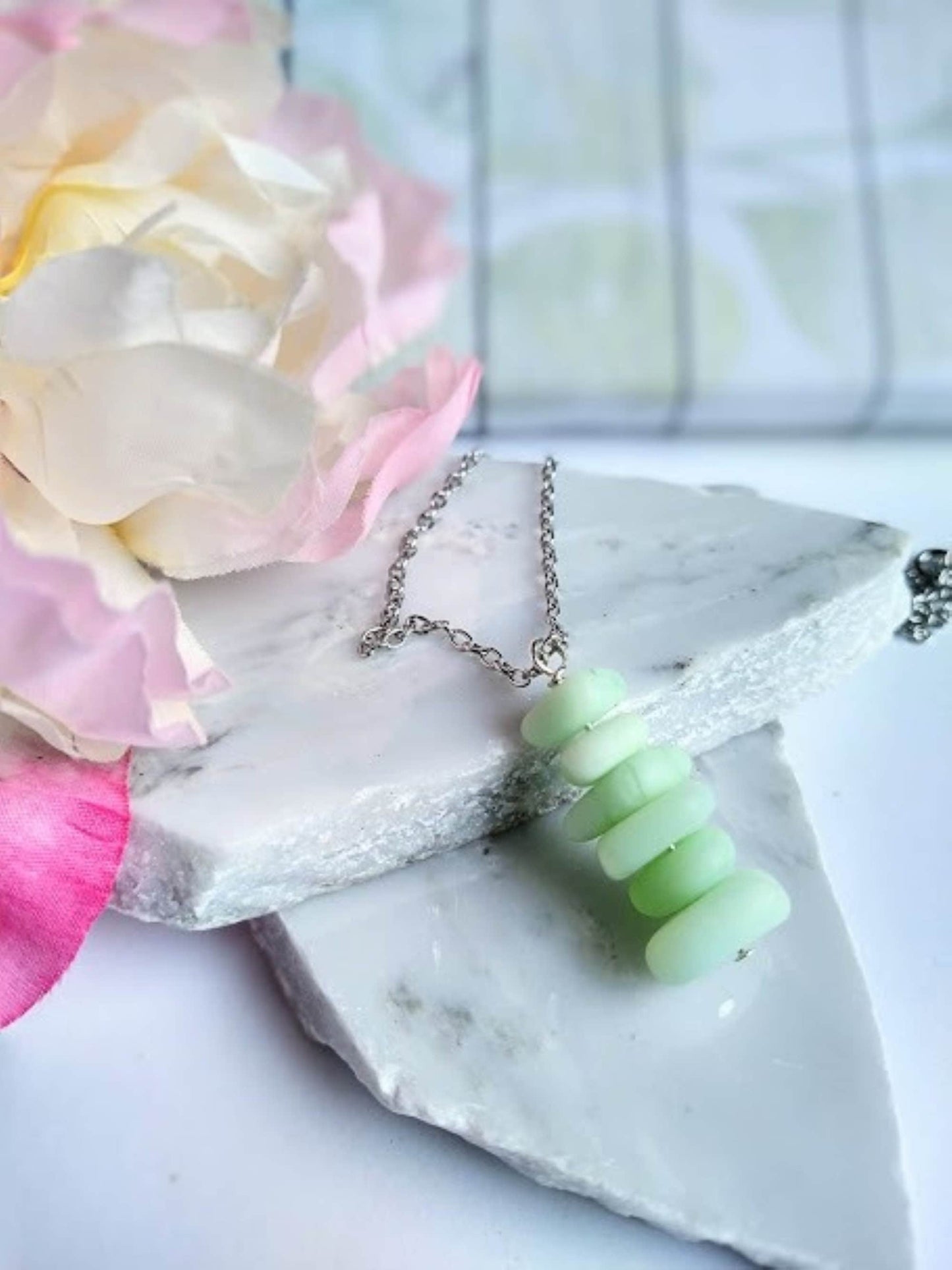 Mint Green Sea Glass Pendant Necklace, Stainless Steel Chain