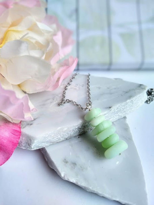 Mint Green Sea Glass Pendant Necklace, Stainless Steel Chain