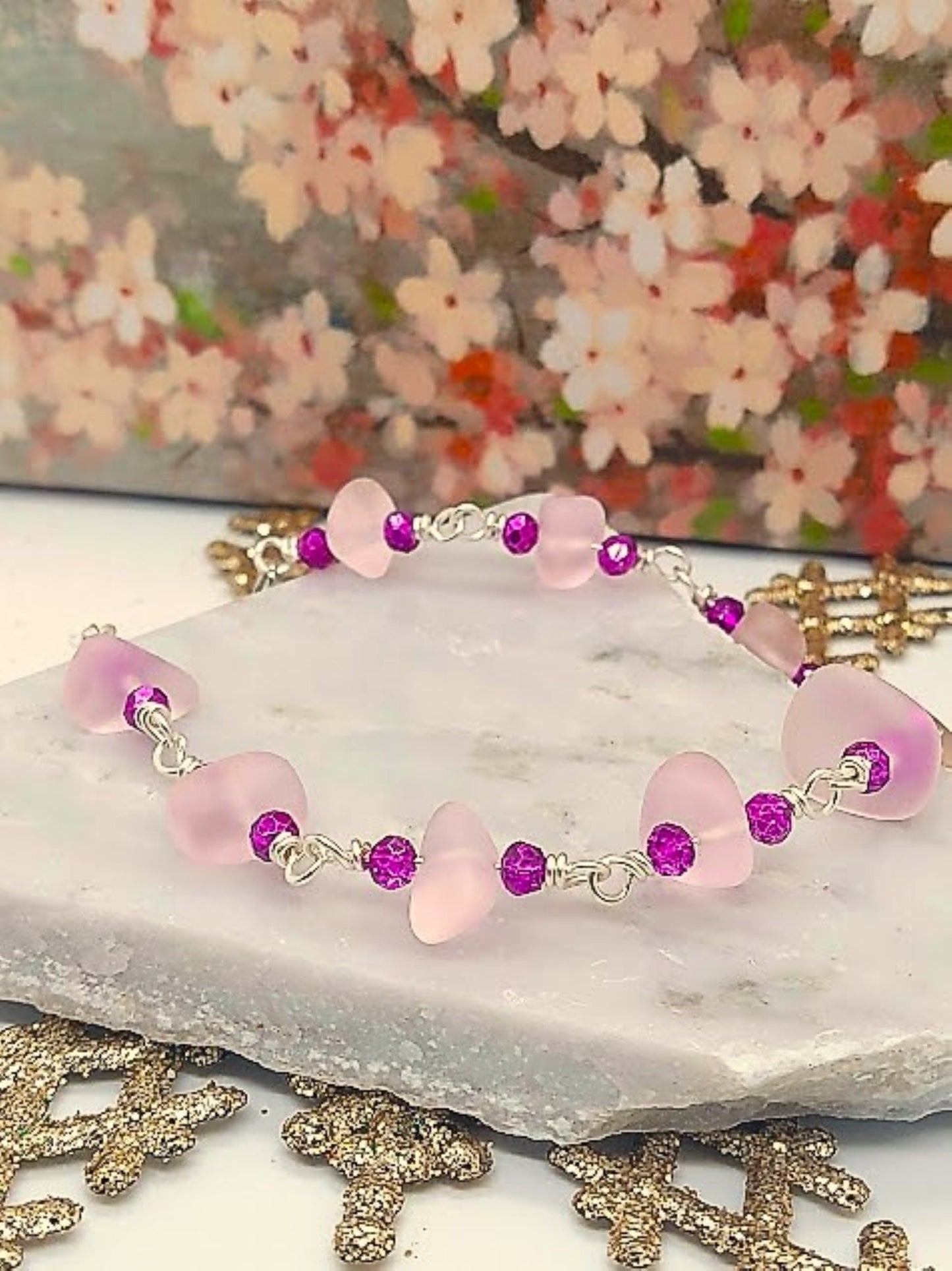 Pink Sea Glass Bracelet: Adjustable Silver Chain, Beach Jewelry