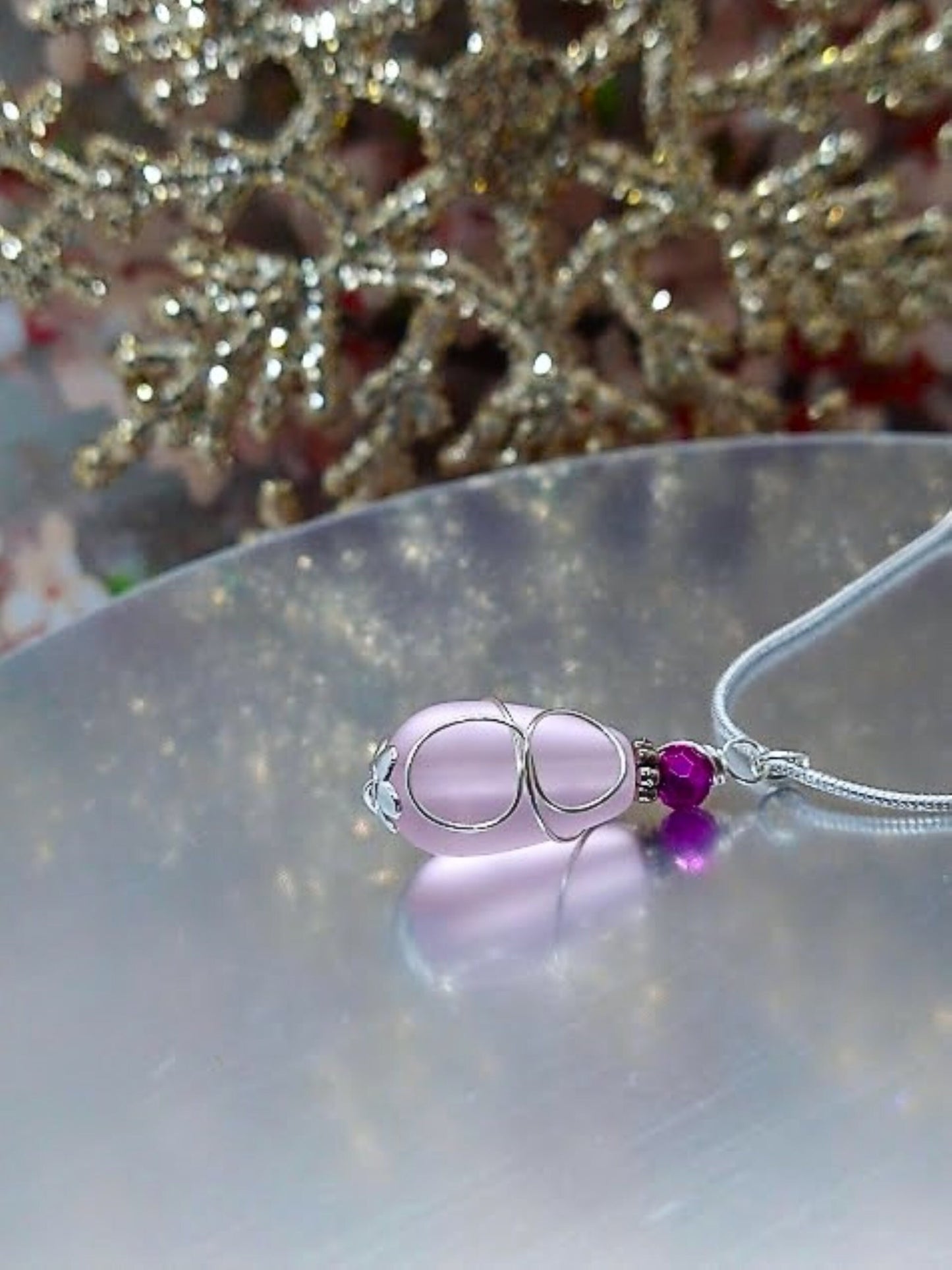 Pink Sea Glass Necklace: Silver Snake Chain, Beach Wedding Jewelry