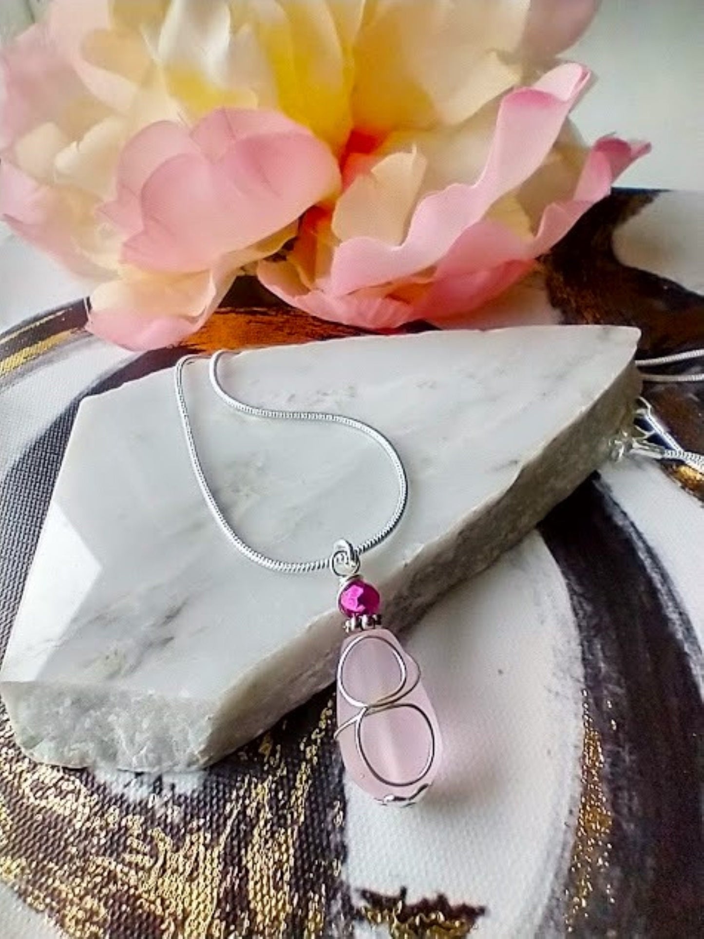 Pink Sea Glass Necklace, Dainty Pendant, Silver Snake Chain Necklace, Birthday Gift For Her, Bridal Necklace, Beachy Necklace