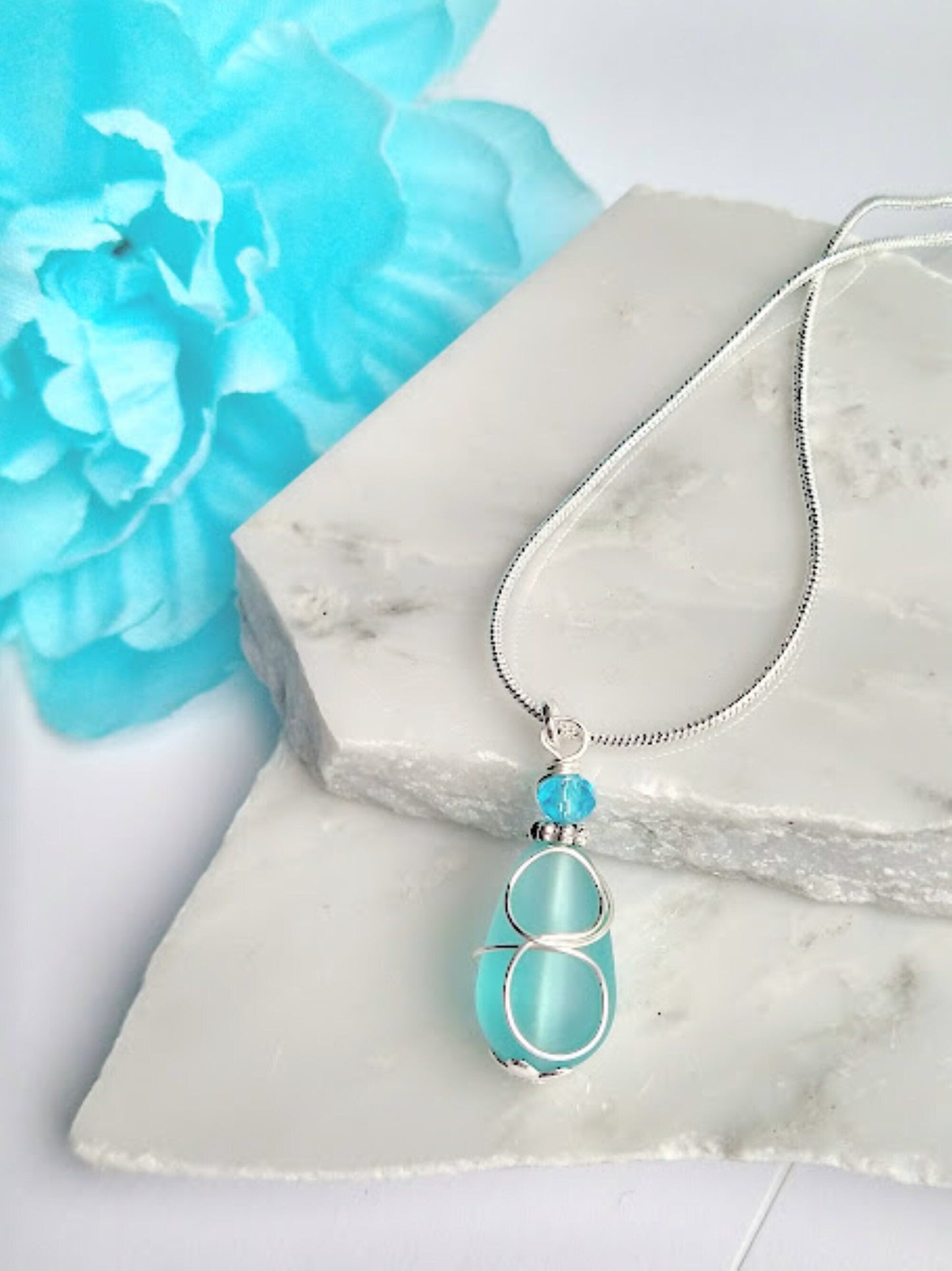 Caribbean Blue Sea Glass Silver Snake Chain Necklace Beach Earrings Gift For Ocean Lover's Beach Wedding Jewelry Dainty Minimalist Pendant