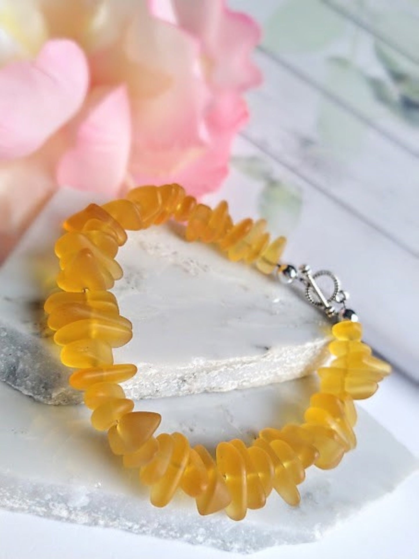 Yellow Sea Glass Bracelet: Sterling Silver Toggle Clasp, Beach Wedding Jewelry