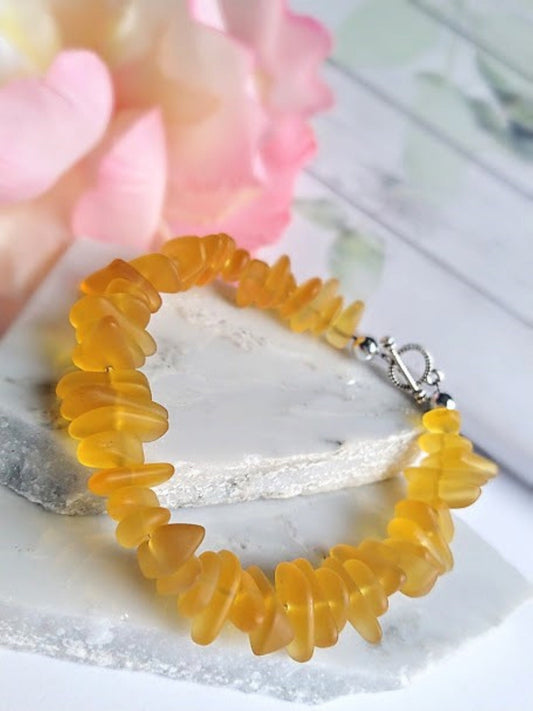 Yellow Sea Glass Bracelet: Sterling Silver Toggle Clasp, Beach Wedding Jewelry
