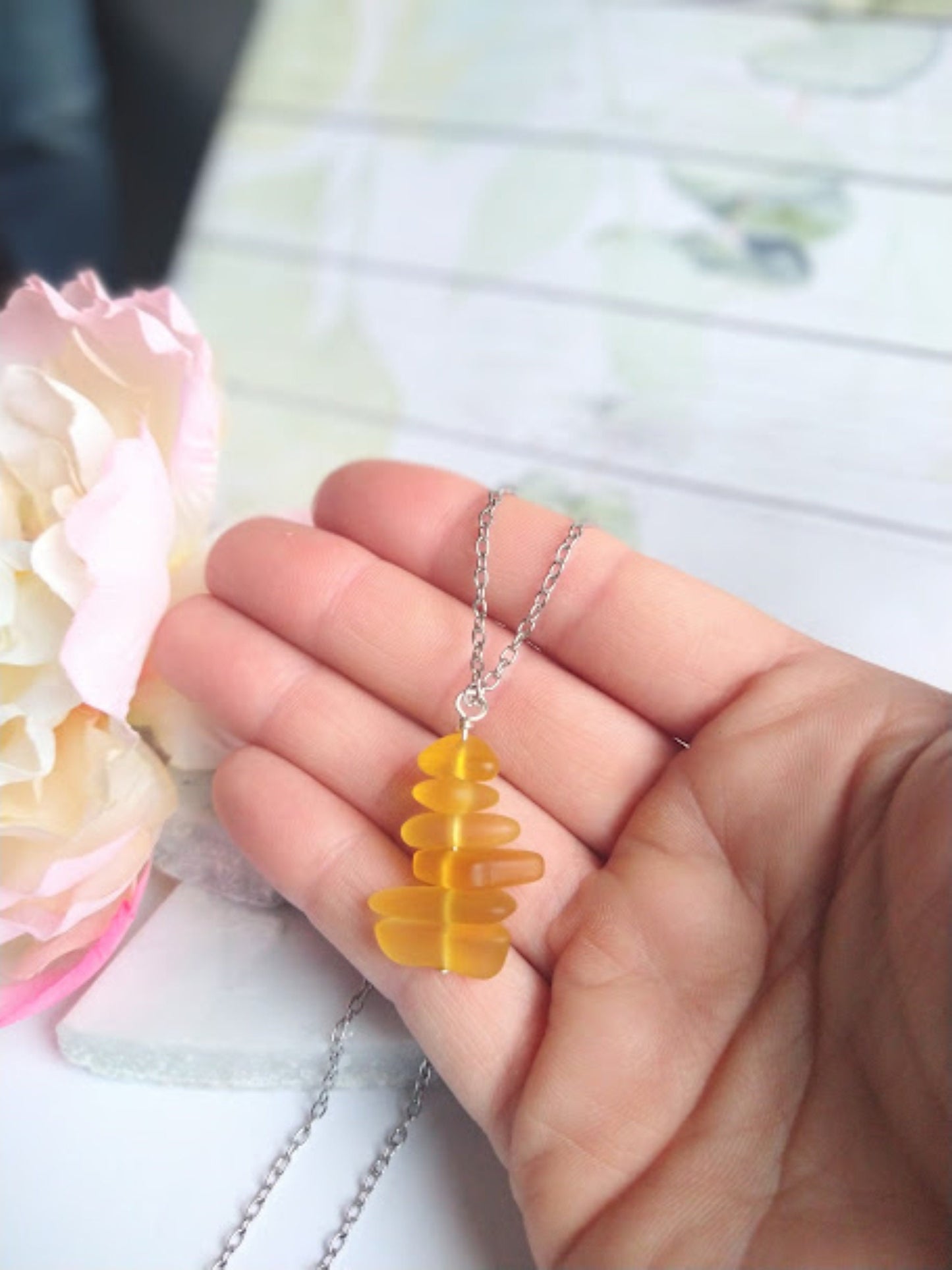 Handmade Yellow Sea Glass Necklace: Silver-Toned Boho Pendant