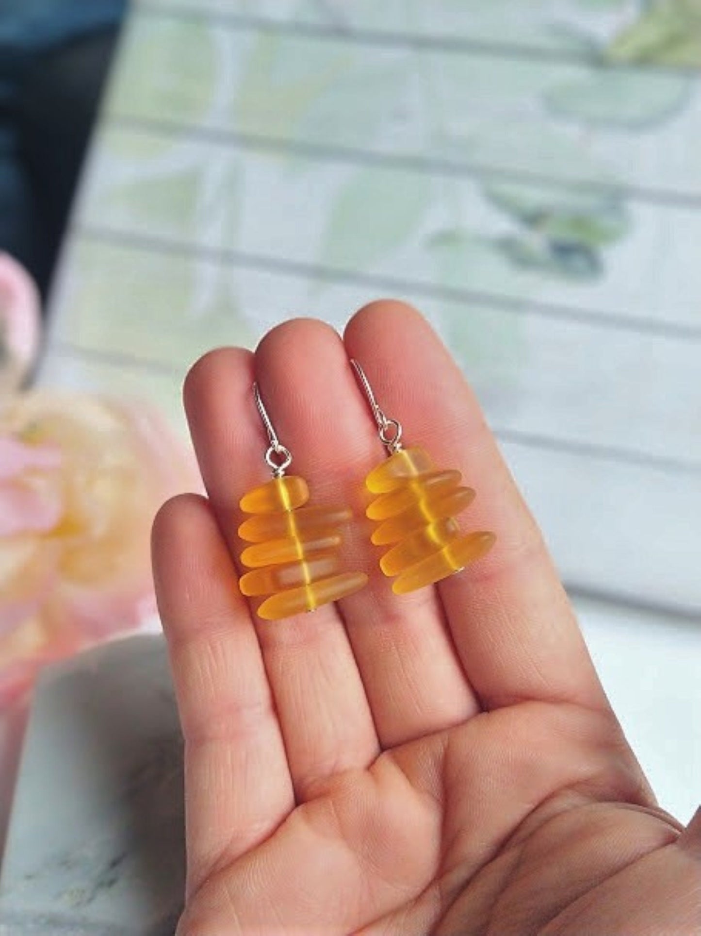 Yellow Sea Glass Earrings: Sterling Silver Dangle Beach Jewelry