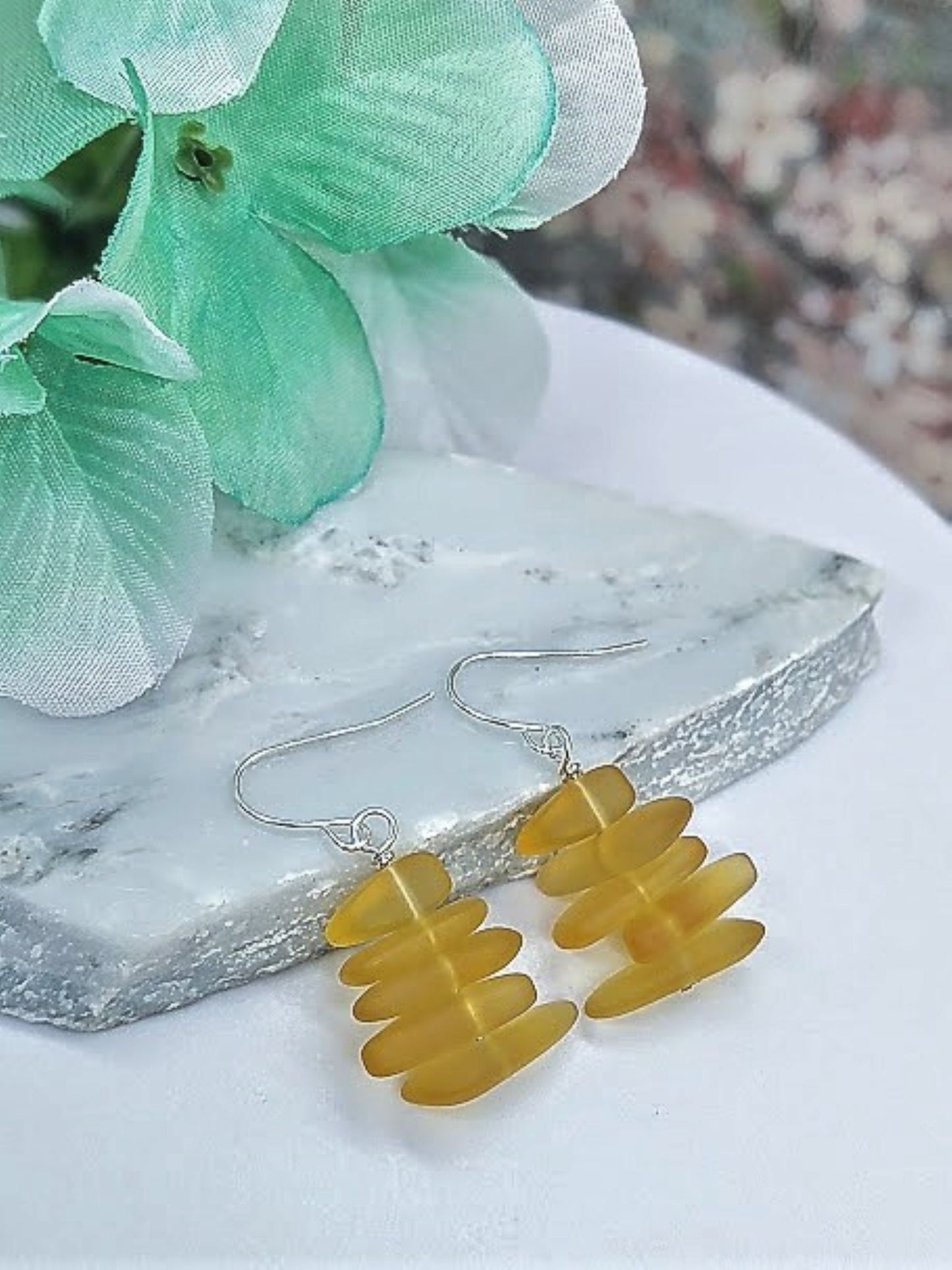 Yellow Sea Glass Earrings: Sterling Silver Dangle Beach Jewelry