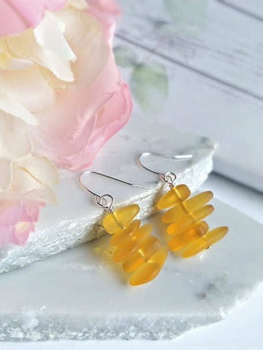 Yellow Sea Glass Earrings: Sterling Silver Dangle Beach Jewelry