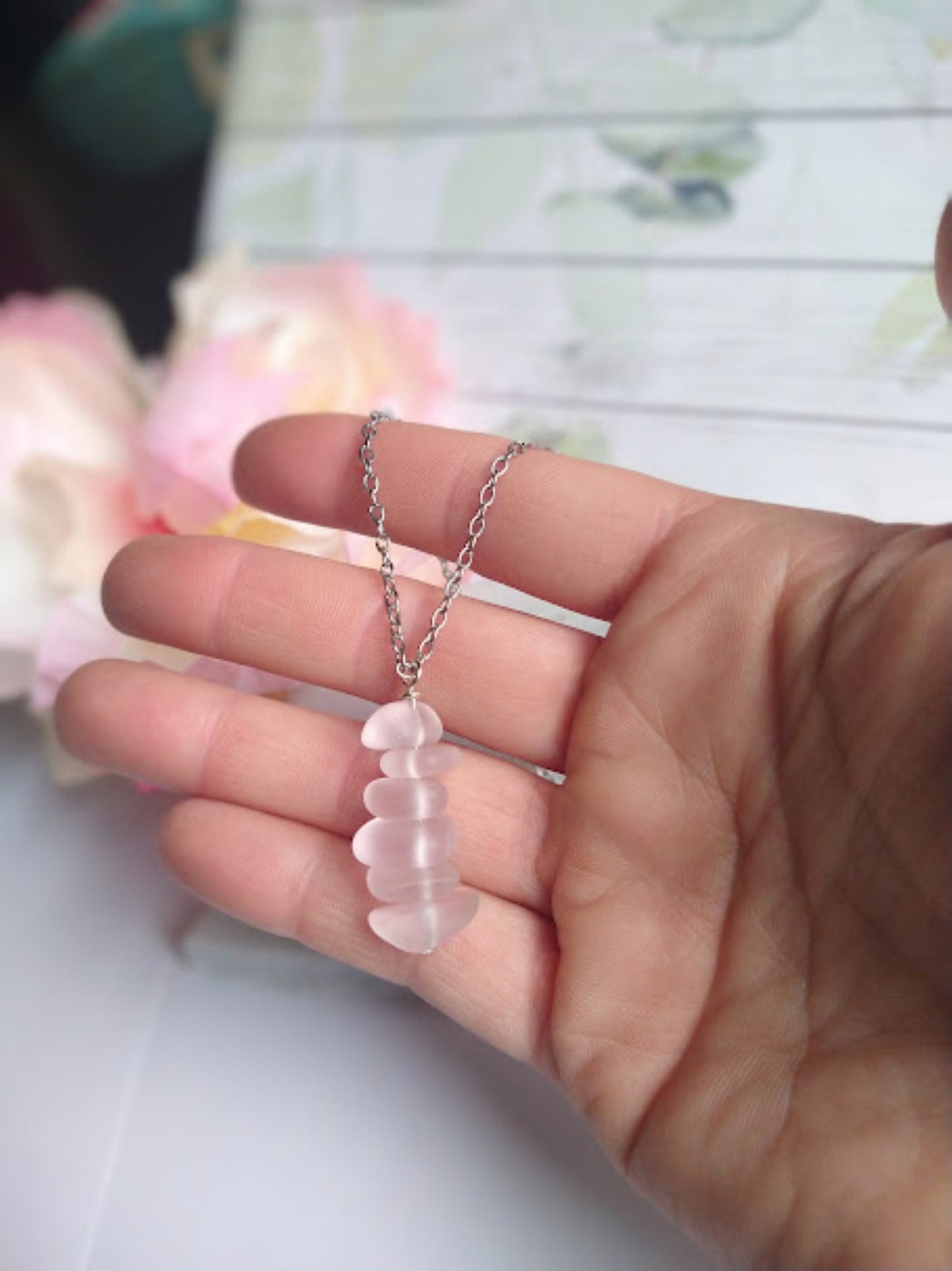Stacked Sea Glass Pendant Necklace: Stainless Steel or Sterling Silver