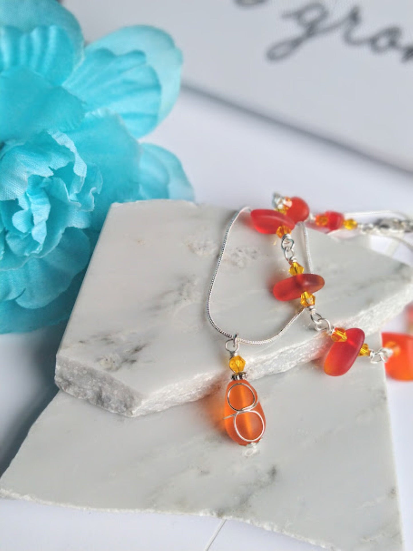 Orange Sea Glass Silver Snake Chain Necklace: Wire Wrapped Pendant