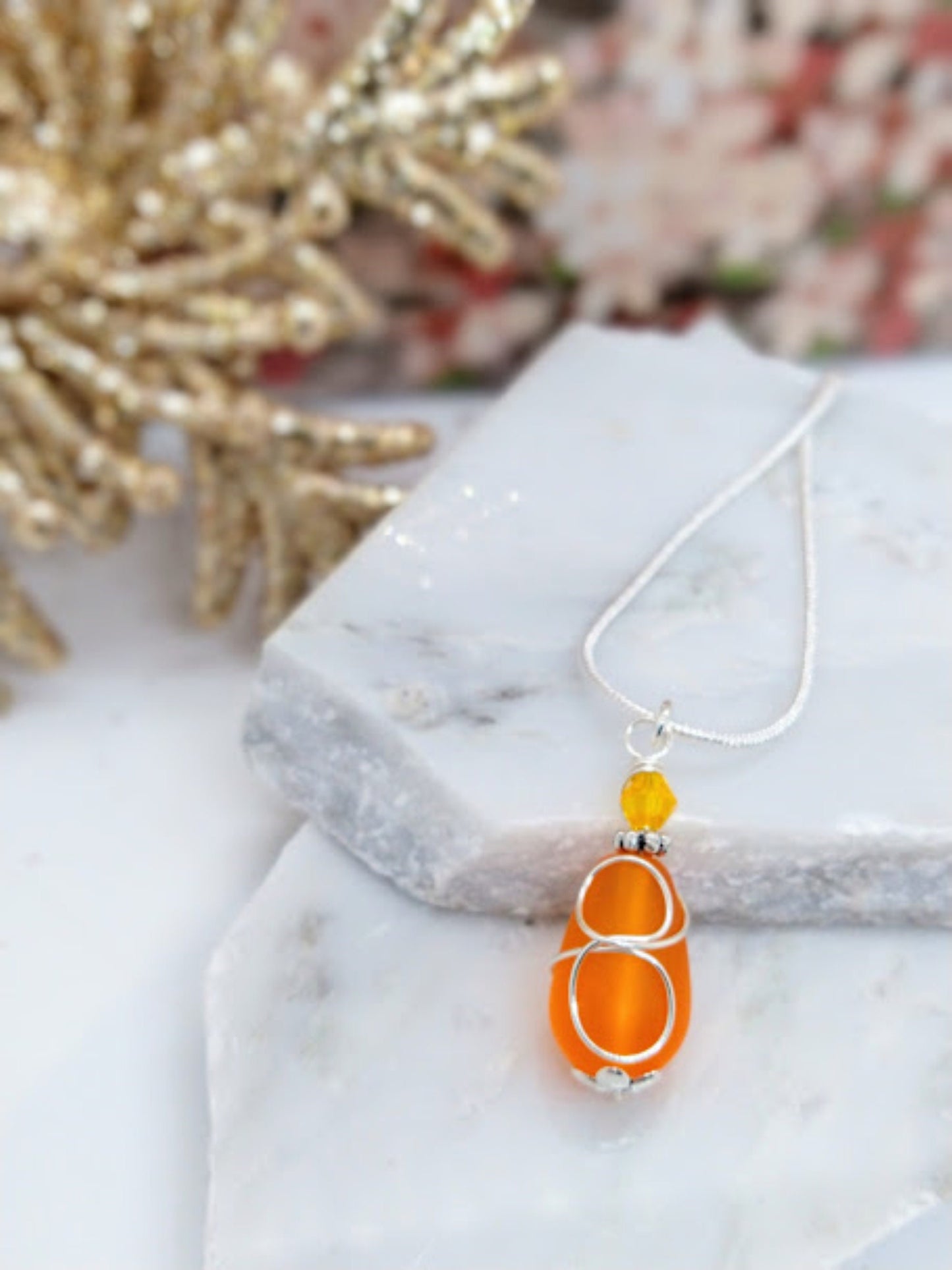 Orange Sea Glass Silver Snake Chain Necklace: Wire Wrapped Pendant