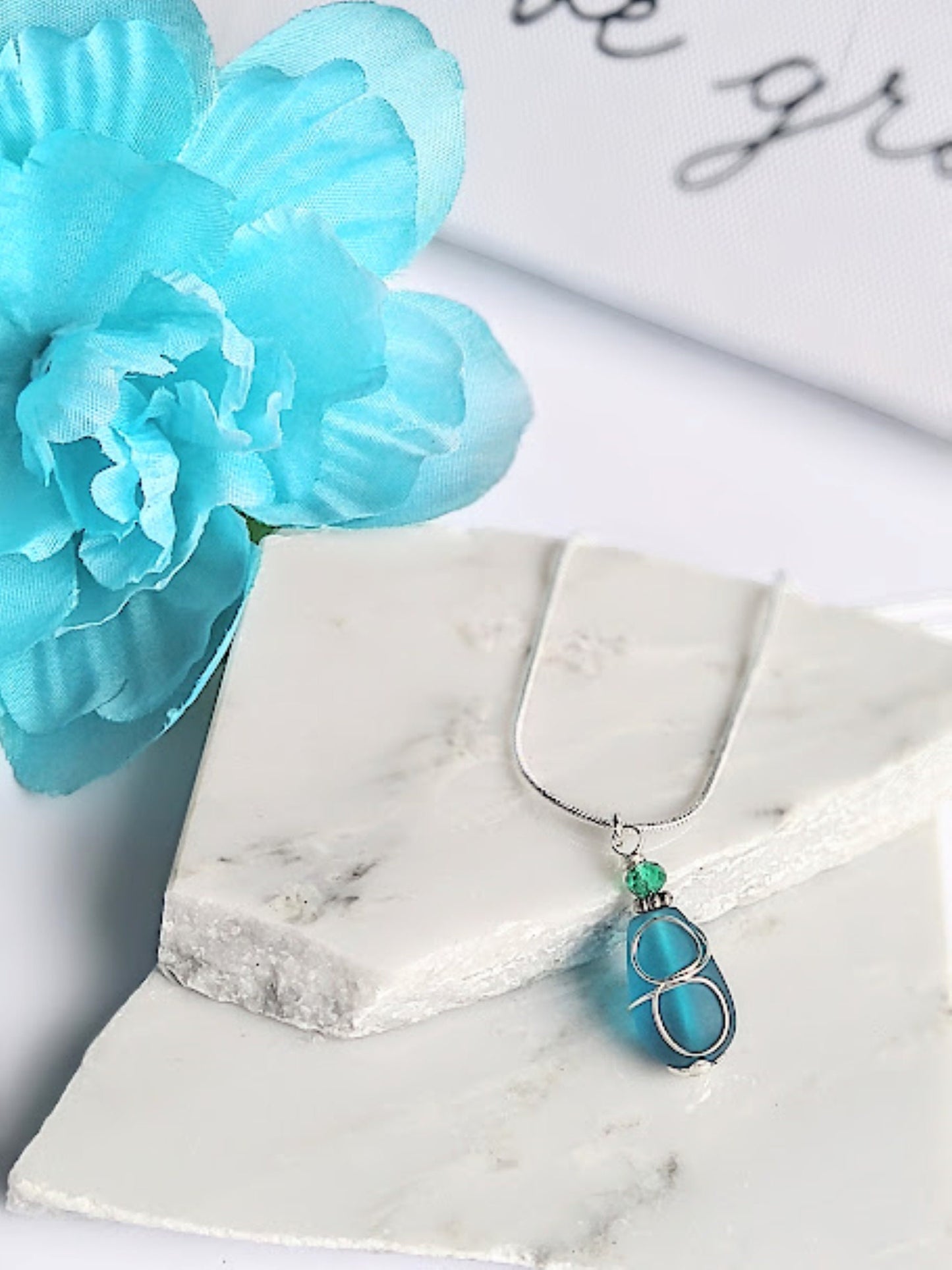Teal Sea Glass Pendant Necklace: Silver Wire Wrapped Charm
