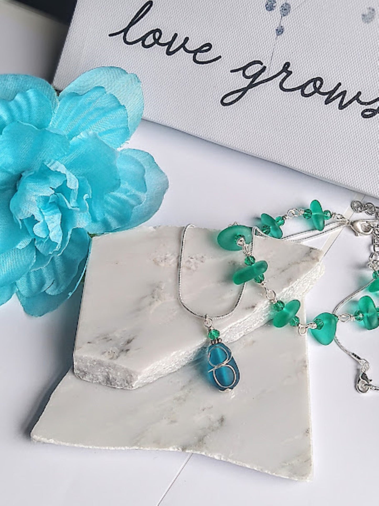 Teal Blue Sea Glass Necklace Minimalist Teardrop Necklace Handmade Pendant Gift For Her Christmas Gift
