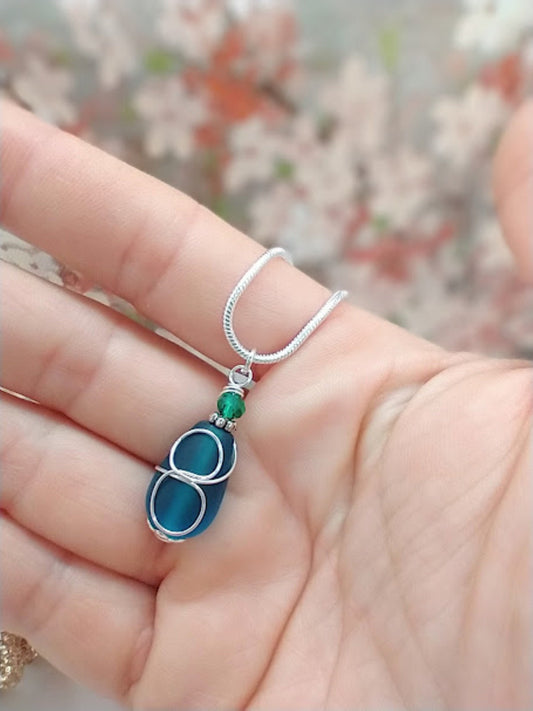 Teal Blue Sea Glass Necklace Minimalist Teardrop Necklace Handmade Pendant Gift For Her Bridal Jewelry Birthday Gift Snake Chain
