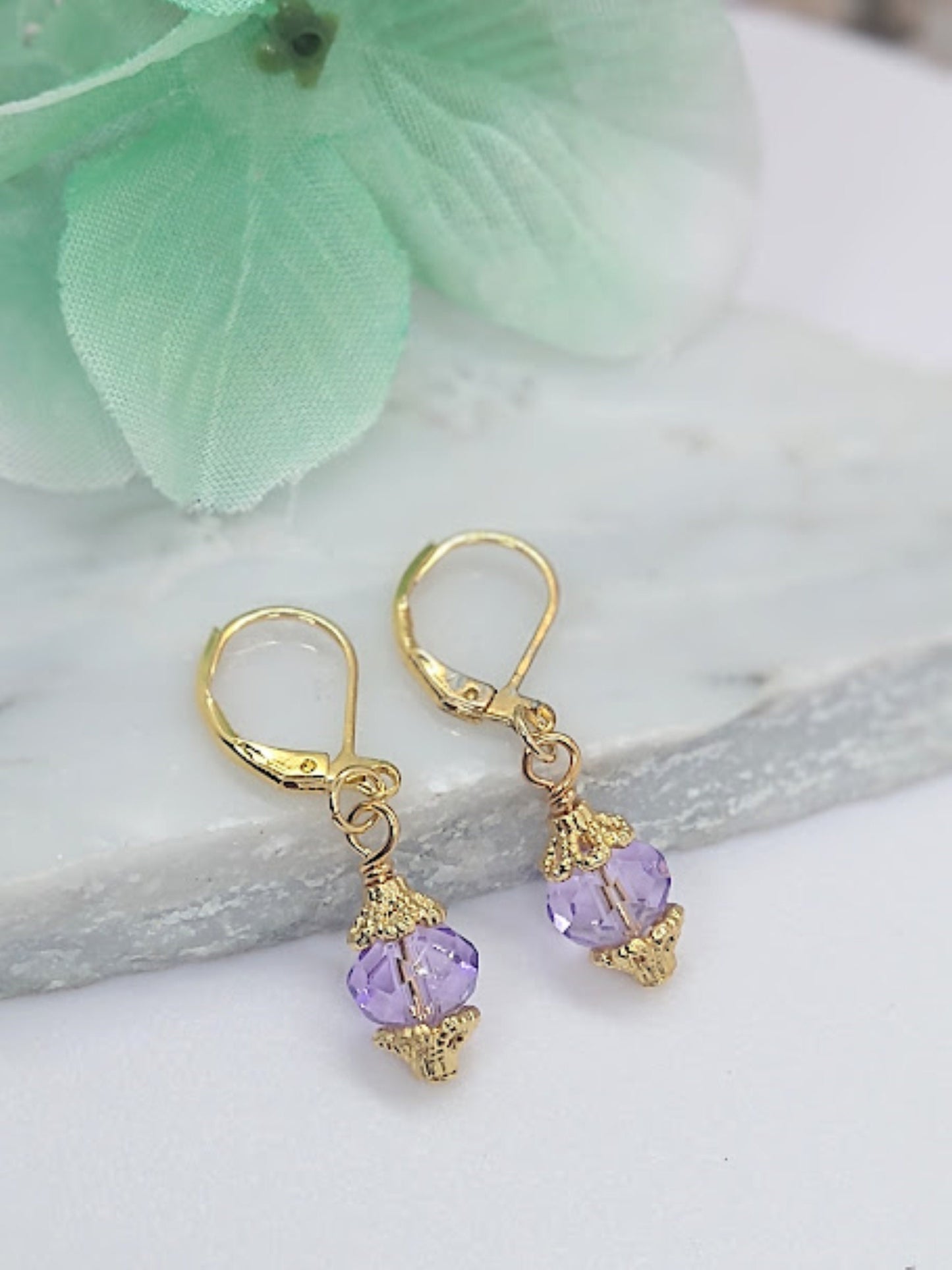 Dainty Purple Earrings Gold Dangle Earrings Minimalist Drop Earrings Purple Sparkling Dangles 24kt. Gold Earrings Gift For Her