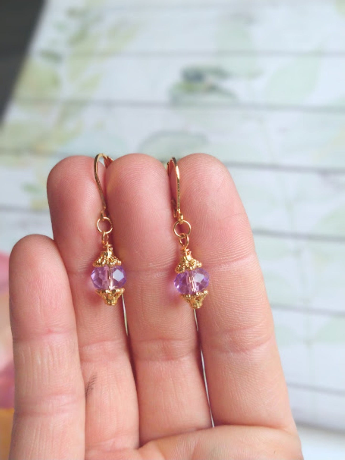 Dainty Lavender Glass Earrings: Gold Plated Purple Drop Earrings