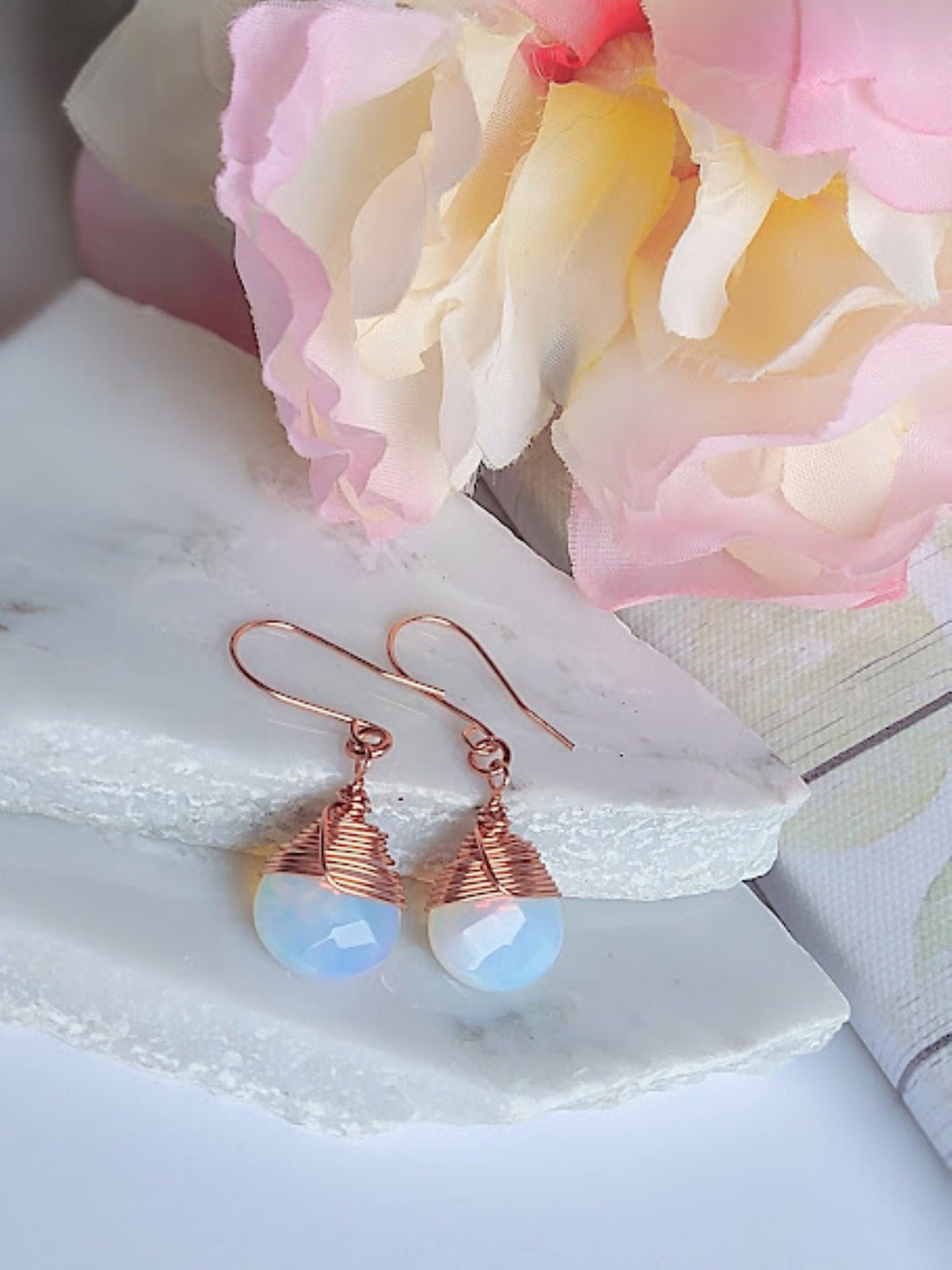 Teardrop Opalite Gemstone Bright Copper Dangle Earrings Small Teardrop Earrings Gemstone Teardrop Earrings Minimalist Dainty Jewelry